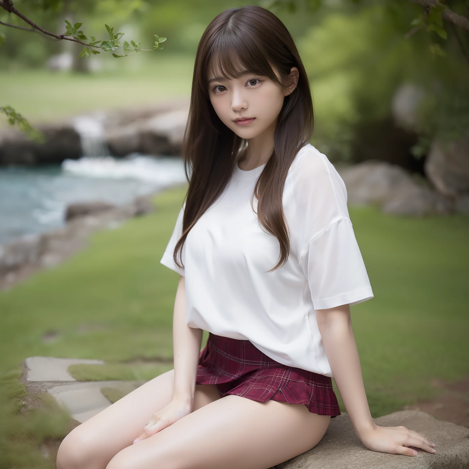 NSFW, 8k RAW photo, top-quality:1.1, masterpiece:1.3, 超A high resolution, film grains, filmg, 1girl in, looking at the viewers, natural skin textures:1.1, realistic eyes and face details:1.1, Full lips, fluffy hair, Shy smile, The shirt, Beautiful natural places,full body Esbian、Around the position of the flower, (细致背景), plaid skirts, white shirt,(Brown medium hair,Bangs), (touch hair:1.4),nogizaka:1.1,Beautiful legs:1.1,poneyTail、Sexy panty shot M shape spread legs