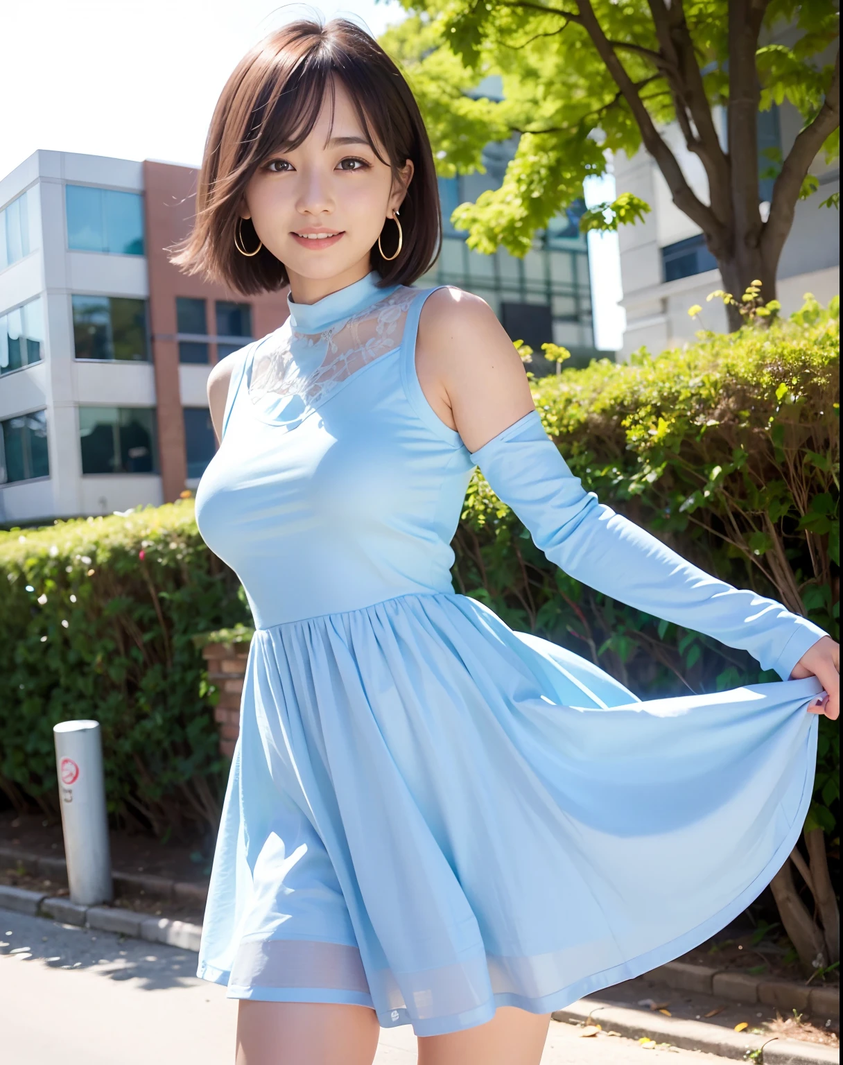 a woman posing on the street corner with light blue dress on, best quality, 1girl, large breasts, day, bright, blur background, bokeh, outdoor, (street:0.8), (people, crowds:1), (lace-trimmed dress:1.5, sleeveless dress, light blue clothes, light blue high-neck dress:1.2, blue dress: 1.5), gorgeous, (short hair, forehead:1.2), beautiful detailed sky, earrings, (dynamic pose:1.2), (upper body:0.8), soft lighting, wind, shiny skin, smile,