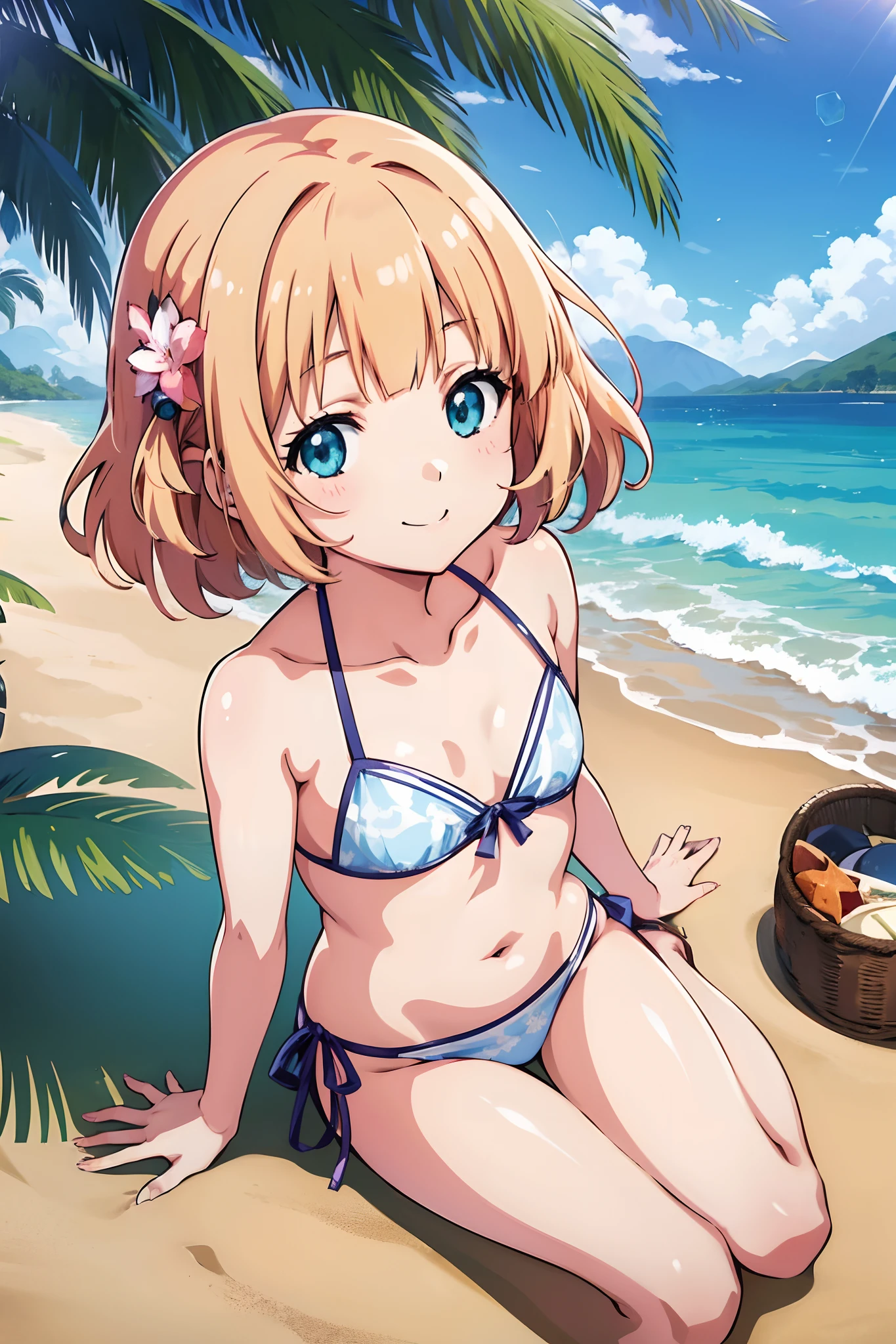 From  above、(cute little),high-level image quality、masutepiece、4K,8K,Anime Cell Style,Best Quality, hight resolution,1girl in,Lori,Hinamomo、(flat-chest:1.2),The bikini、(Blunt bangs),the beach、Sheer sunlight、Looking at Viewer,sitting on、Happy smile