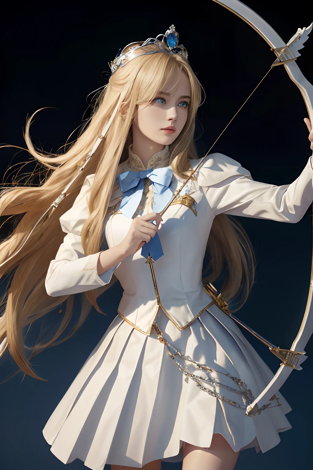 8K，Need，tmasterpiece，high detal，Semi-realistic，1 girl，younger female，19years old，Long blonde hair covered by bangs on the right eye，blue right-eyed，Jewelry Crown，Court-style white gold skirt，slimfigure，archery，Shoot arrows with a bow，Armed with a bow and arrow，drawing bow