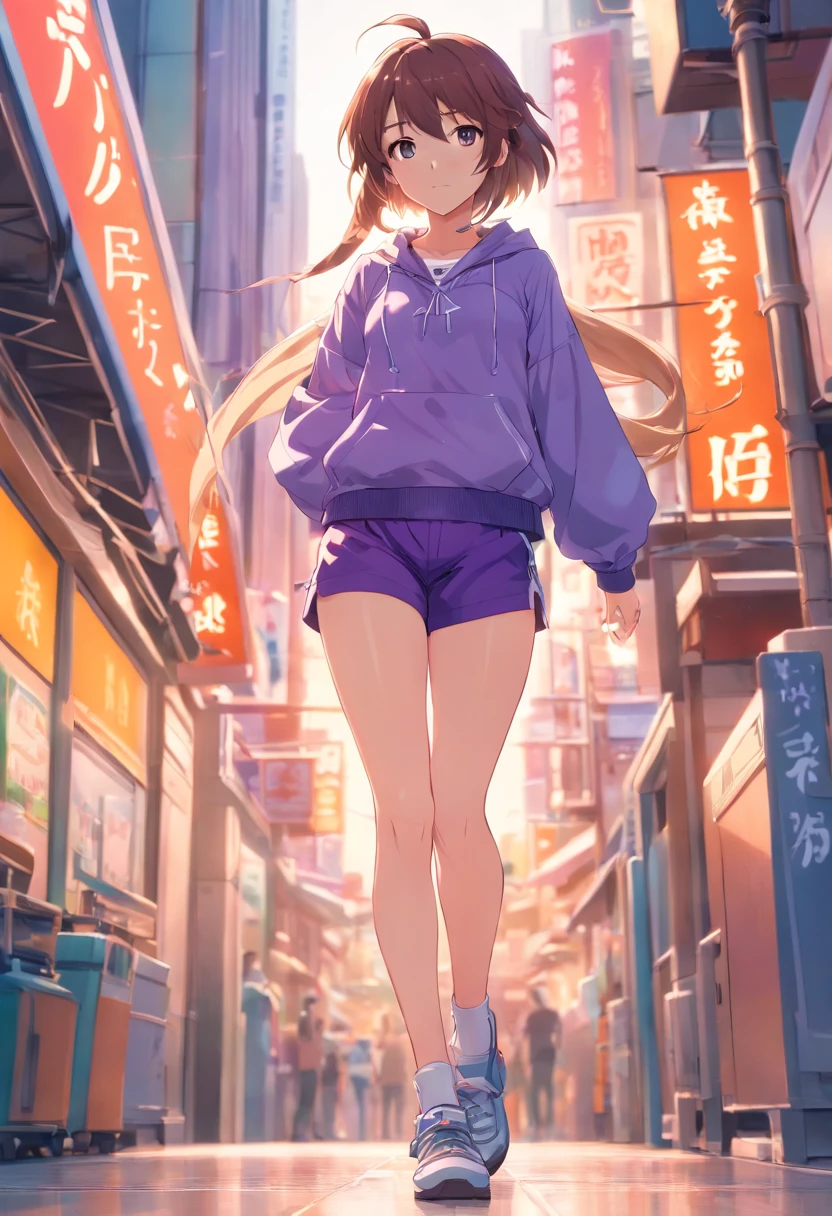 A -yeld fee anime character named Natalie from Epic Battle Fantasy is pictured posing for a concept art photo. She has long hair and is wearing purple shorts with long, flowing clothes that accentuate her natural pose. The full body concept showcases her clear outfit design and overall appearance as a humanoid fursona. This anime woman's full body art is a great example of detailed outfit design for any ecchi anime-styled character.