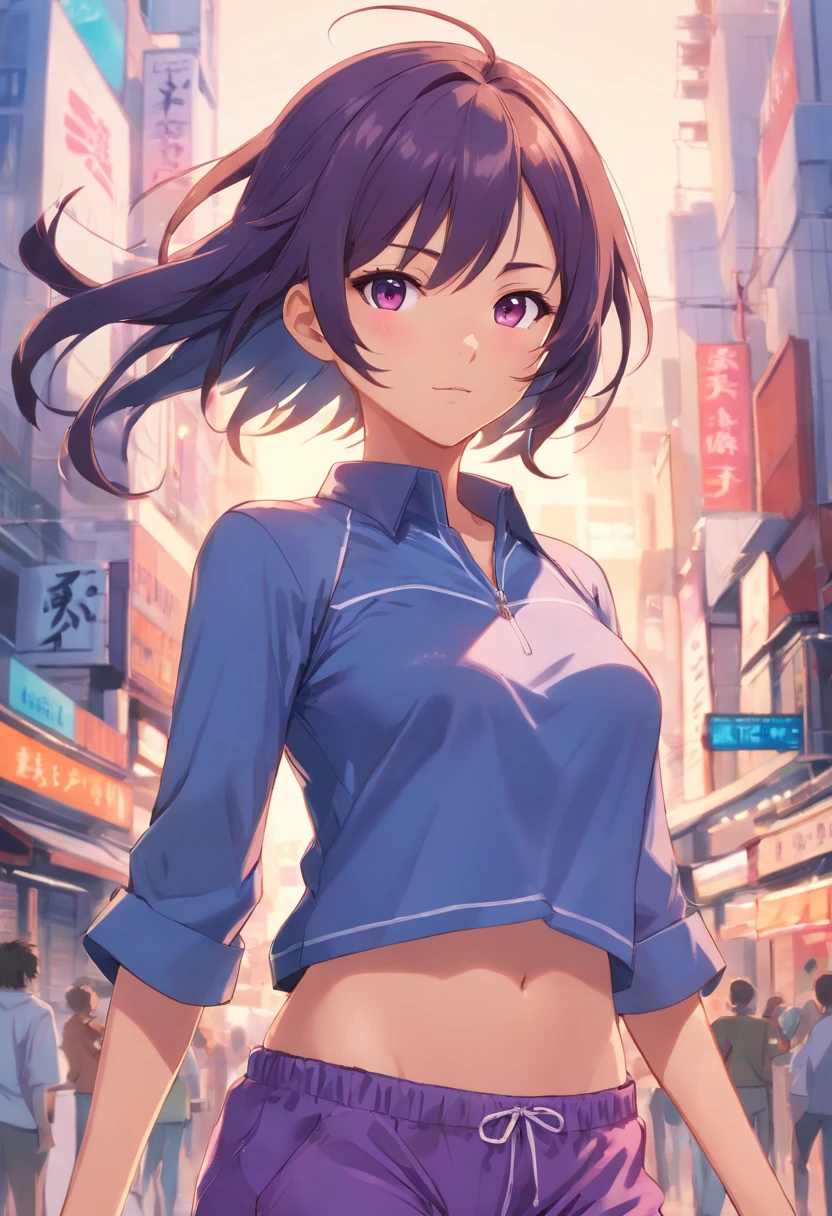 A -yeld fee anime character named Natalie from Epic Battle Fantasy is pictured posing for a concept art photo. She has long hair and is wearing purple shorts with long, flowing clothes that accentuate her natural pose. The full body concept showcases her clear outfit design and overall appearance as a humanoid fursona. This anime woman's full body art is a great example of detailed outfit design for any ecchi anime-styled character.