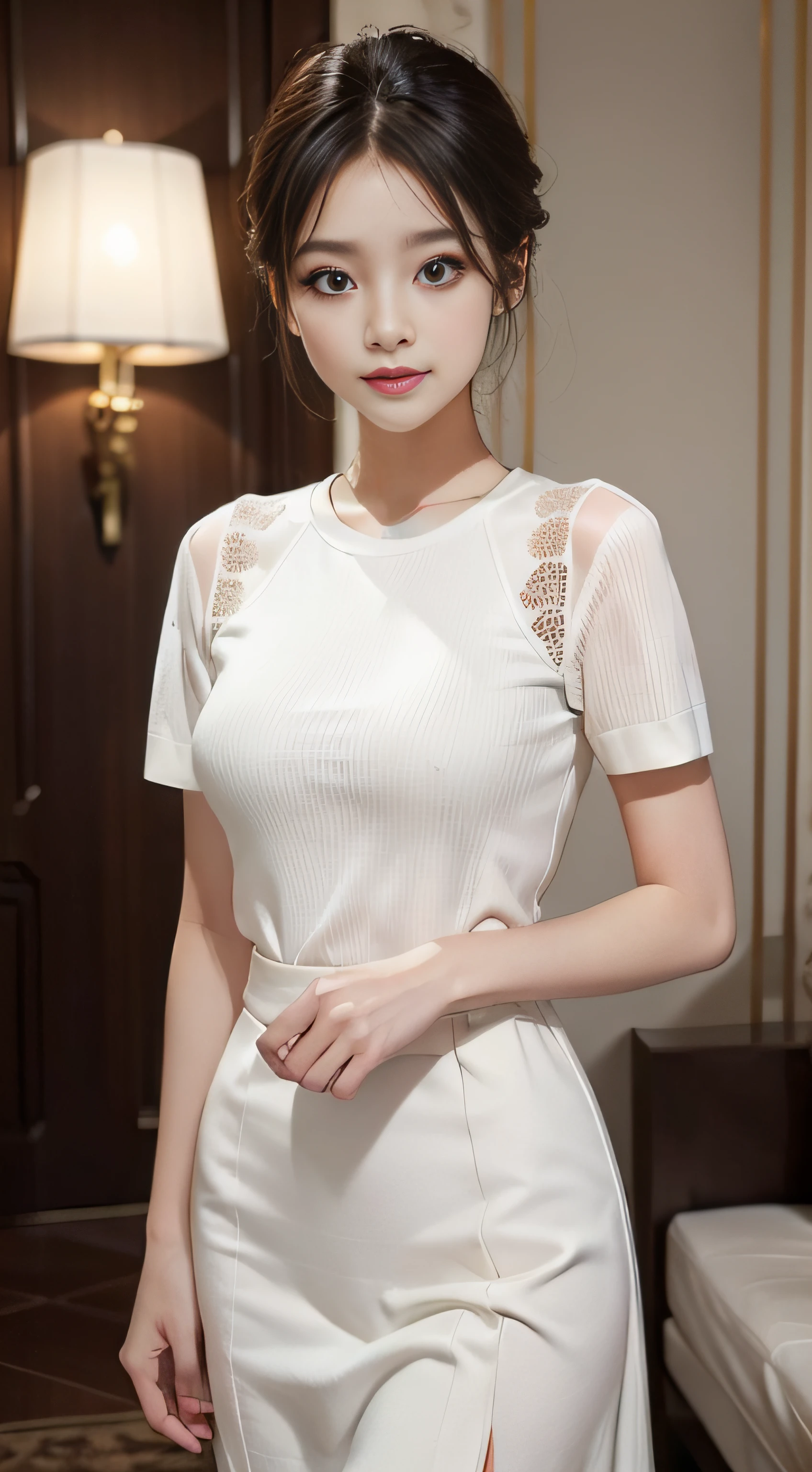 ​masterpiece、Top image quality:1.2、((beautiful young woman with))、Transparent skin:1.2、{A slight smil}、(kawaii)、Short sleeve knit、luxury hotel、depth of fields