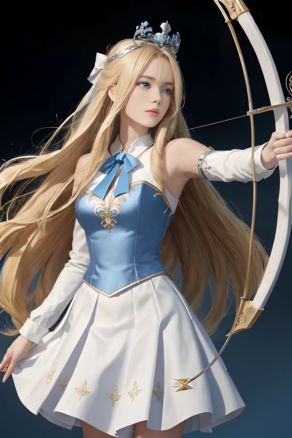 8K，Need，tmasterpiece，high detal，Semi-realistic，1 girl，younger female，19years old，Long blonde hair covered by bangs on the right eye，blue right-eyed，Jewelry Crown，Court-style white gold skirt，slimfigure，archery，Shoot arrows with a bow，Armed with a bow and arrow，drawing bow