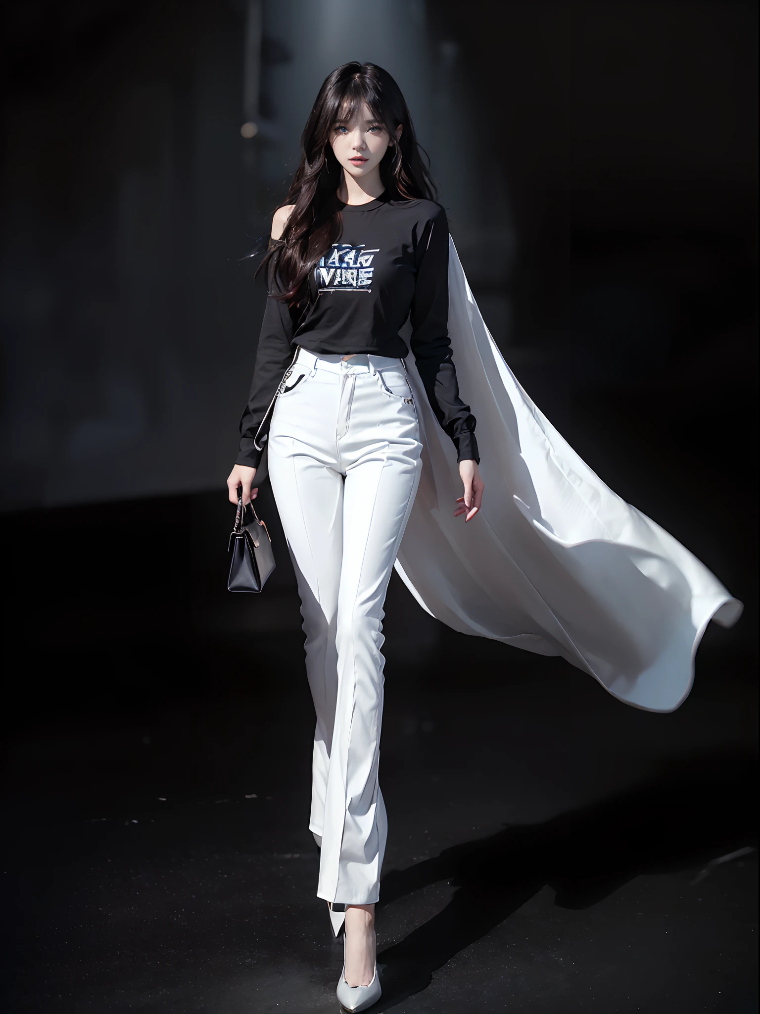 ((4K works))、masterpiece、(top-quality)、1 beutiful girl、Slim body、tall、((Black Y-shirt and white pants、Attractive streetwear and black bags))、(Detailed beautiful eyes)、Midnight Night、((Pitch-black intersection))、Stroll through fashionable intersections、((Face similar to Carly Rae Jepsen))、((Long boyish red hair))、((Smaller face))、((Neutral face))、((Bright blue eyes))、((American adult women))、((Adult female 26 years old))、((cool lady))、((Like a celebrity))、((Smiling expression))、((Korean Makeup))、((elongated and sharp eyes))、((Happy dating))、((boyish))、((She is walking in a secluded place))、((She is walking in front of the viewer))、Professional Photos、((Pitch black lighting))、((Black lighting))