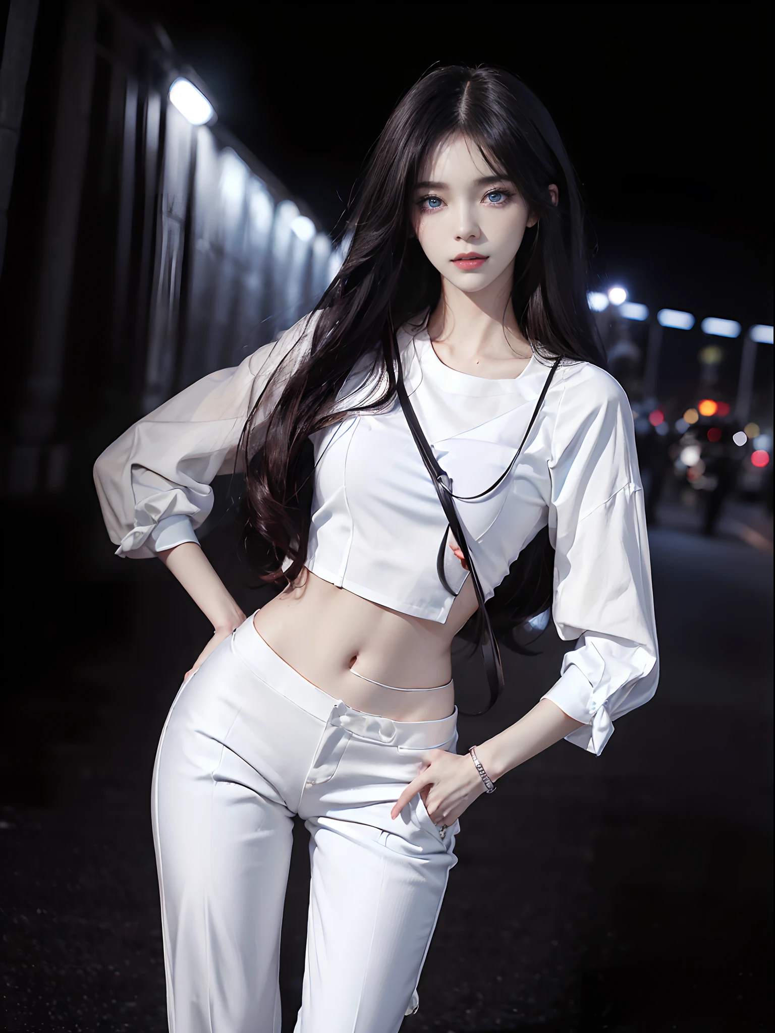 ((4K works))、masterpiece、(top-quality)、1 beutiful girl、Slim body、tall、((Black Y-shirt and white pants、Attractive streetwear and black bags))、(Detailed beautiful eyes)、Midnight Night、((Pitch-black intersection))、Stroll through fashionable intersections、((Face similar to Carly Rae Jepsen))、((Long boyish red hair))、((Smaller face))、((Neutral face))、((Bright blue eyes))、((American adult women))、((Adult female 26 years old))、((cool lady))、((Like a celebrity))、((Smiling expression))、((Korean Makeup))、((elongated and sharp eyes))、((Happy dating))、((boyish))、((She is walking in a secluded place))、((She is walking in front of the viewer))、Professional Photos、((Pitch black lighting))、((Black lighting))