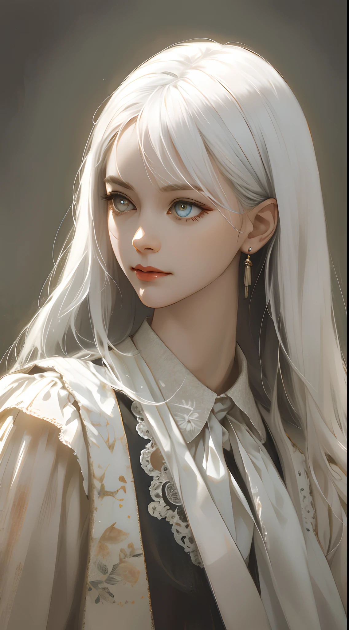 A super beautiful girl，long  white hair，Big bright eyes，Vintage clothing，vintagestyle，Low saturation colors，Mottled texture，Front perspective，Hyper-Resolution，accuracy，detail render，（Delicate facial portrayal）（Fine hair depiction）（highest  quality）（Master masterpieces）（High degree of completion）（a sense of atmosphere）tmasterpiece，ultra - detailed （half-body portrait）