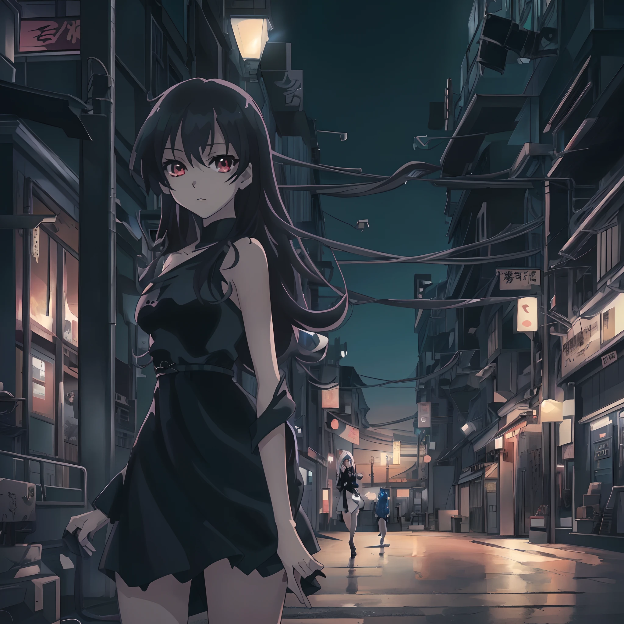anime girl in a black dress walking down a street at night, an album cover by Yang J, pixiv, shin hanga, seductive anime girl, anime style 4 k, anime moe artstyle, badass anime 8 k, anime girl wearing a black dress, high detailed official artwork, official artwork, beautiful alluring anime woman, smooth anime cg art