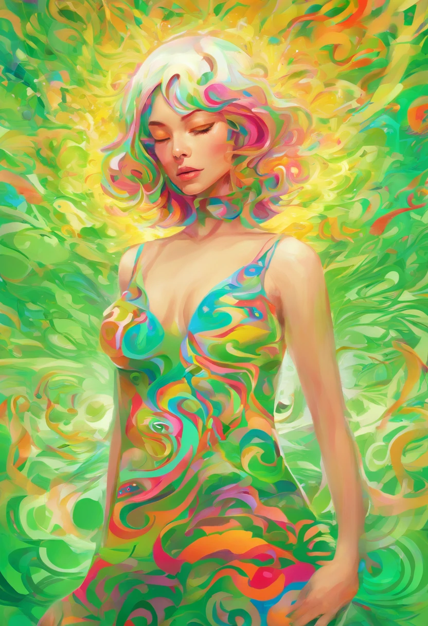 ((top-quality, 8K)), (Realistic), (Face Focus: 1.1), (White and green: 1.3), Kawaii Girl, short-hair,
Hair fluttering in the wind, Facing to the side, Look up at your face, Eyes closed, (Sleeveless: 1.1)、Skirt, D Cup Breasts,