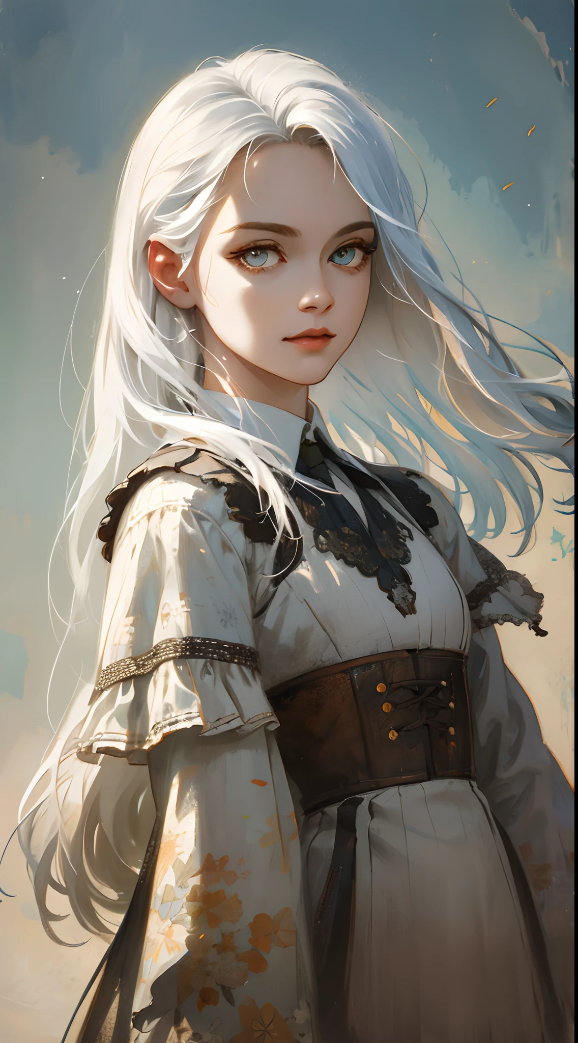 A super beautiful girl,long white hair,Big bright eyes,Vintage clothing,vintagestyle,Low saturation colors,Mottled texture,Front perspective,Hyper-Resolution,accuracy,detail render,(Delicate facial portrayal)(Fine hair depiction)(highest quality)(Master masterpieces)(High degree of completion)(a sense of atmosphere)tmasterpiece,ultra - detailed (half-body portrait)