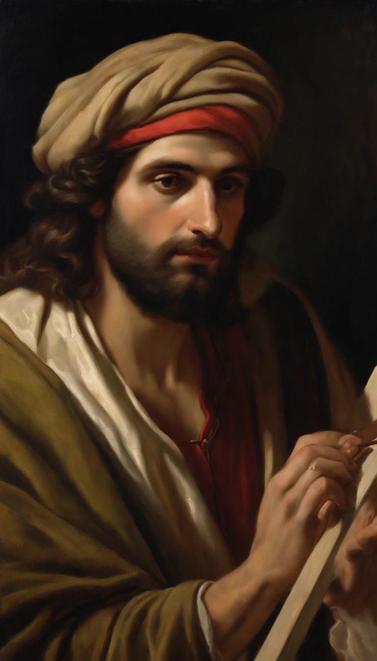 Una imagen del pintor renacentista Rafael Sanzio pintando un cuadro, cabello largo de color negro, (SIN BARBA), su rostro NO debe tener barba, con un gorro de color rojo o negro, barbilla alargada, sin pelos en la cara, mirando hacia el cuadro que esta pintando, Character with a male face from the Renaissance era, hombre del siglo XVI del renacimiento, Rafael debe estar de pie pintando una obra de arte, mirada profunda, imagen de alta calidad, (obra maestra), el pintor debe estar frente a un lienzo, Have a reference to the Renaissance era, RAFAEL SANZIO pintor renacentista