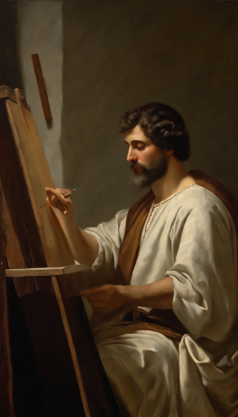 Una imagen del pintor renacentista Rafael Sanzio pintando un cuadro, cabello largo de color ?????, (SIN BARBA), su rostro NO debe tener barba, con un gorro de color rojo o negro, barbilla alargada, sin pelos en la cara, mirando hacia el cuadro que esta pintando, Character with a male face from the Renaissance era, hombre del siglo XVI del renacimiento, Rafael debe estar de pie pintando una obra de arte, mirada profunda, imagen de alta calidad, (obra maestra), el pintor debe estar frente a un lienzo, Have a reference to the Renaissance era, RAFAEL SANZIO pintor renacentista