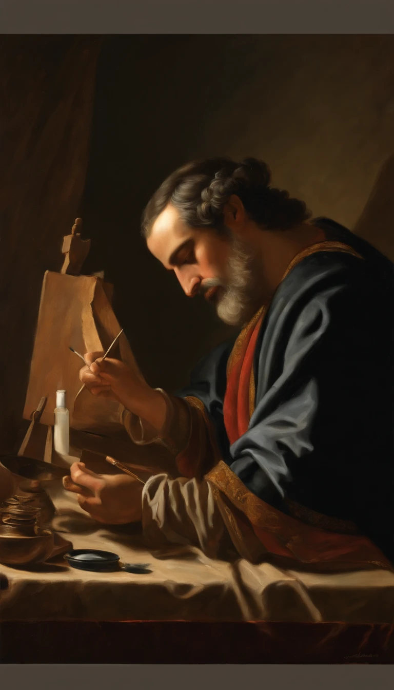 Una imagen del pintor renacentista Rafael Sanzio pintando un cuadro, cabello largo de color negro, (SIN BARBA), su rostro NO debe tener barba, con un gorro de color rojo o negro, barbilla alargada, sin pelos en la cara, mirando hacia el cuadro que esta pintando, Character with a male face from the Renaissance era, hombre del siglo XVI del renacimiento, Rafael debe estar de pie pintando una obra de arte, mirada profunda, imagen de alta calidad, (obra maestra), el pintor debe estar frente a un lienzo, Have a reference to the Renaissance era, RAFAEL SANZIO pintor renacentista