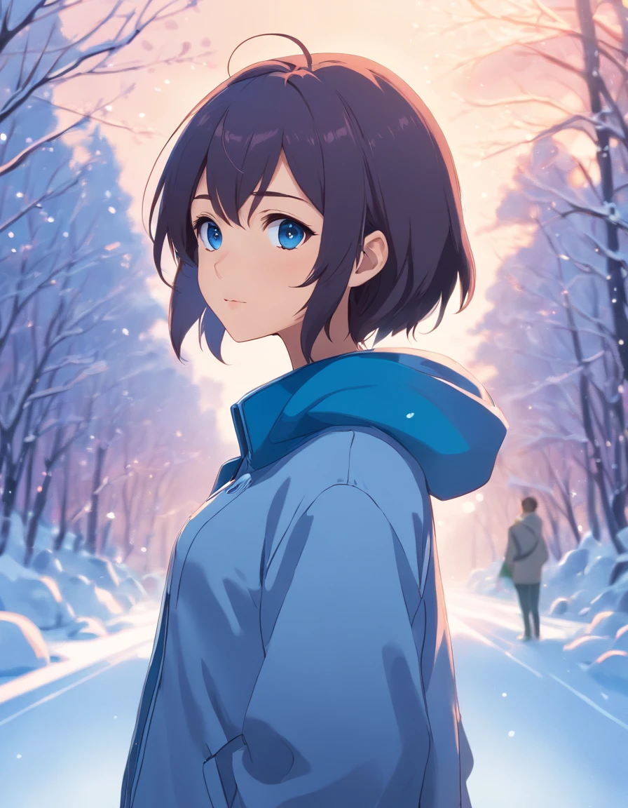 (highres, best quality:1.2), radiance, soft contours, beautiful drawing, upper body, concept art, kyoani haruhi style, detailed background, bright colors, Alien, blue skin, shining eyes, surrealistic background, snow bunny