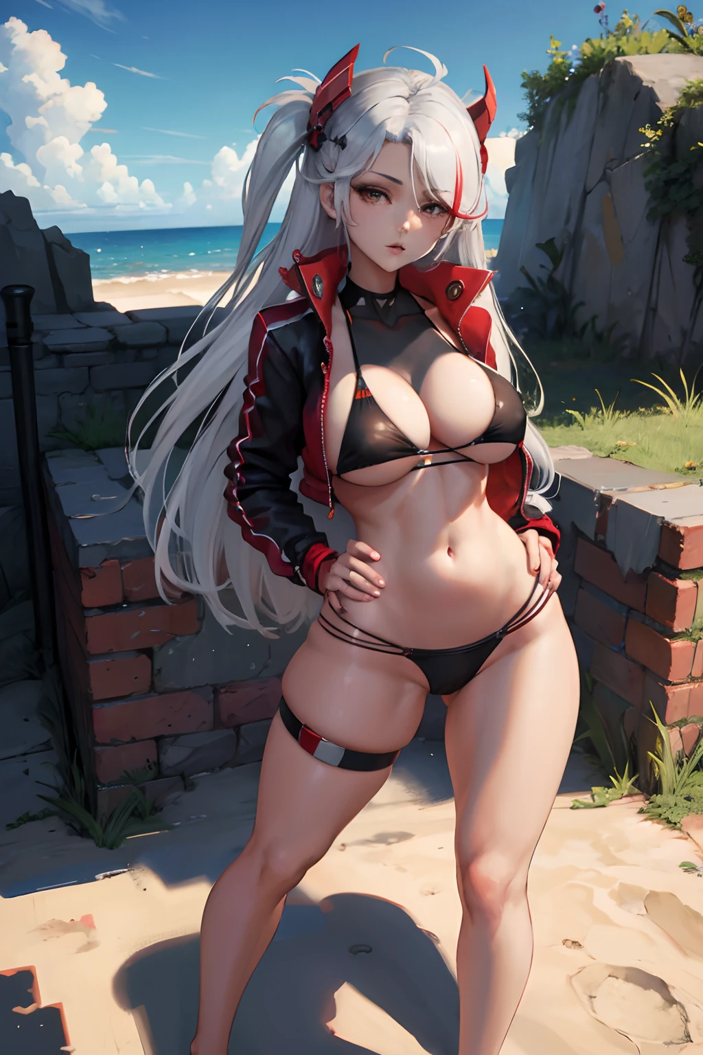 nfsw, masterpiece, Best Quality, PrinzV4, 1girl in, Solo, Long hair, breasts, nipples, full body, barefoot, stepping, Looking at Viewer,Large breasts, Navel, Holding, White hair, Red hair, multicolored hair, Open jacket, striated hair, Black jacket, put hands on the hip, underboob, Headgear, a flag, Pending Flag,Poses that emphasize breasts,top-quality, Bikini swimwear, Black swimsuit, (Masterpiece, Best Quality:1.3), highres, (8k resolution), (ultra-detailed portrait:1.1), stop motion, horror, outdoors, no humans, scenery, photorealistic, (details:1.2), volumetric lighting