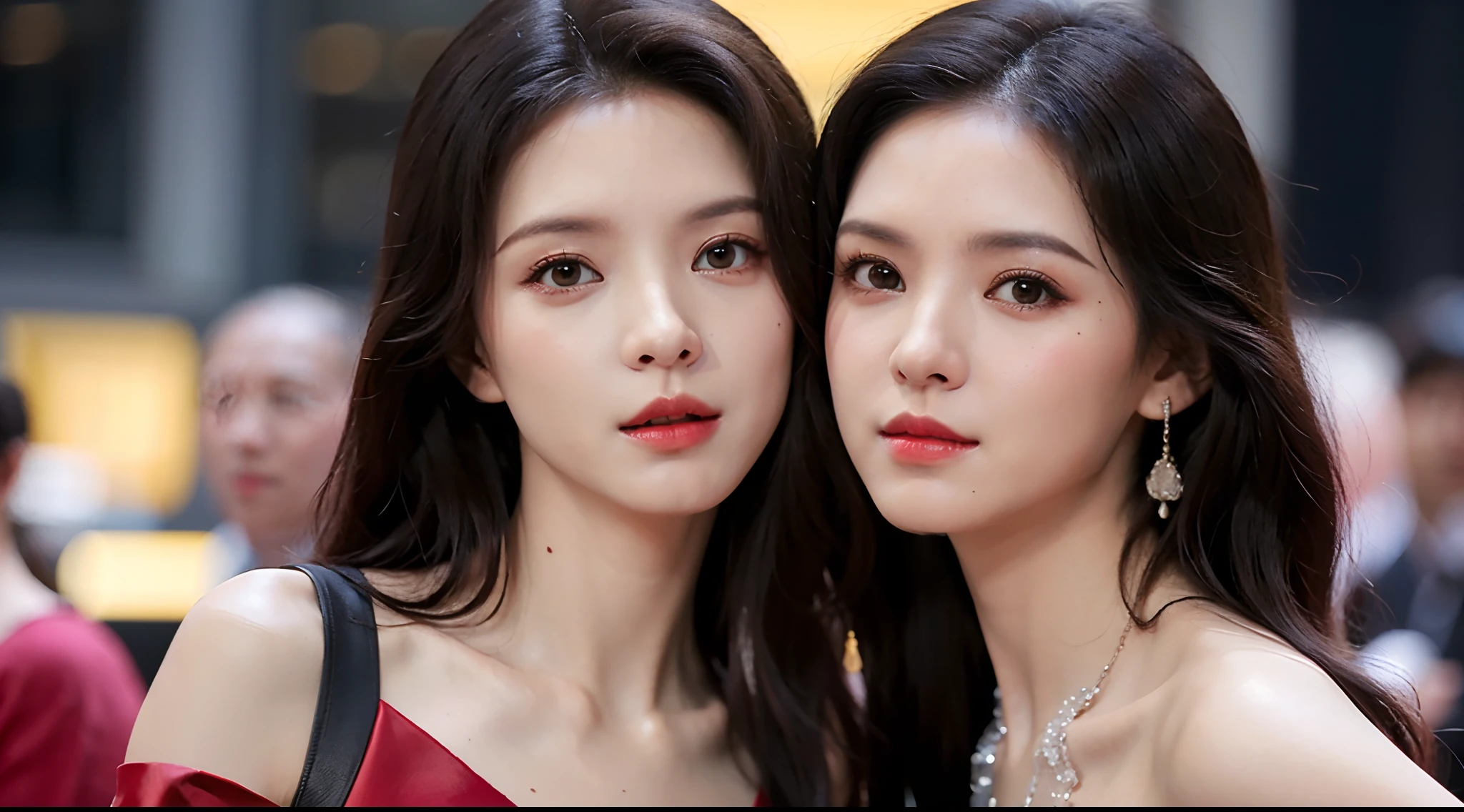 Realiy,8K,超高分辨率,Front light,Walk the red carpet, 1girll, Film festival, Female celebrities,cropped shoulders,red dress,formal outfit, Hair_decorations, Solo, Lace long gloves,jewelry,sash, Looking_at_peeping at the viewer, Bigchest,(A half body:1.2),Face lighting