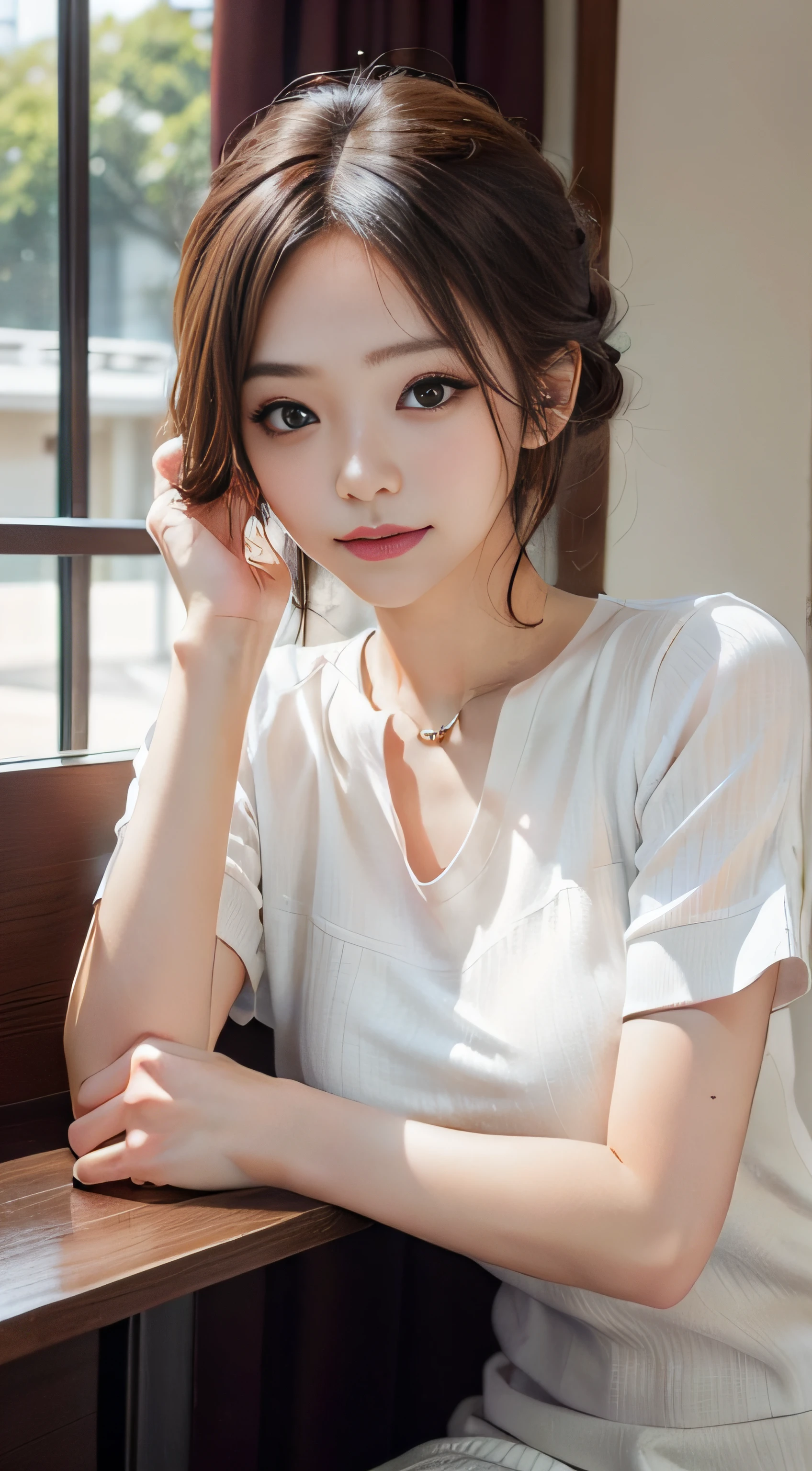 masterpiece、Top image quality:1.2、((beautiful young woman with))、Transparent skin:1.2、{A slight smil}、(kawaii)、Short sleeve knit、luxury hotel、depth of fields