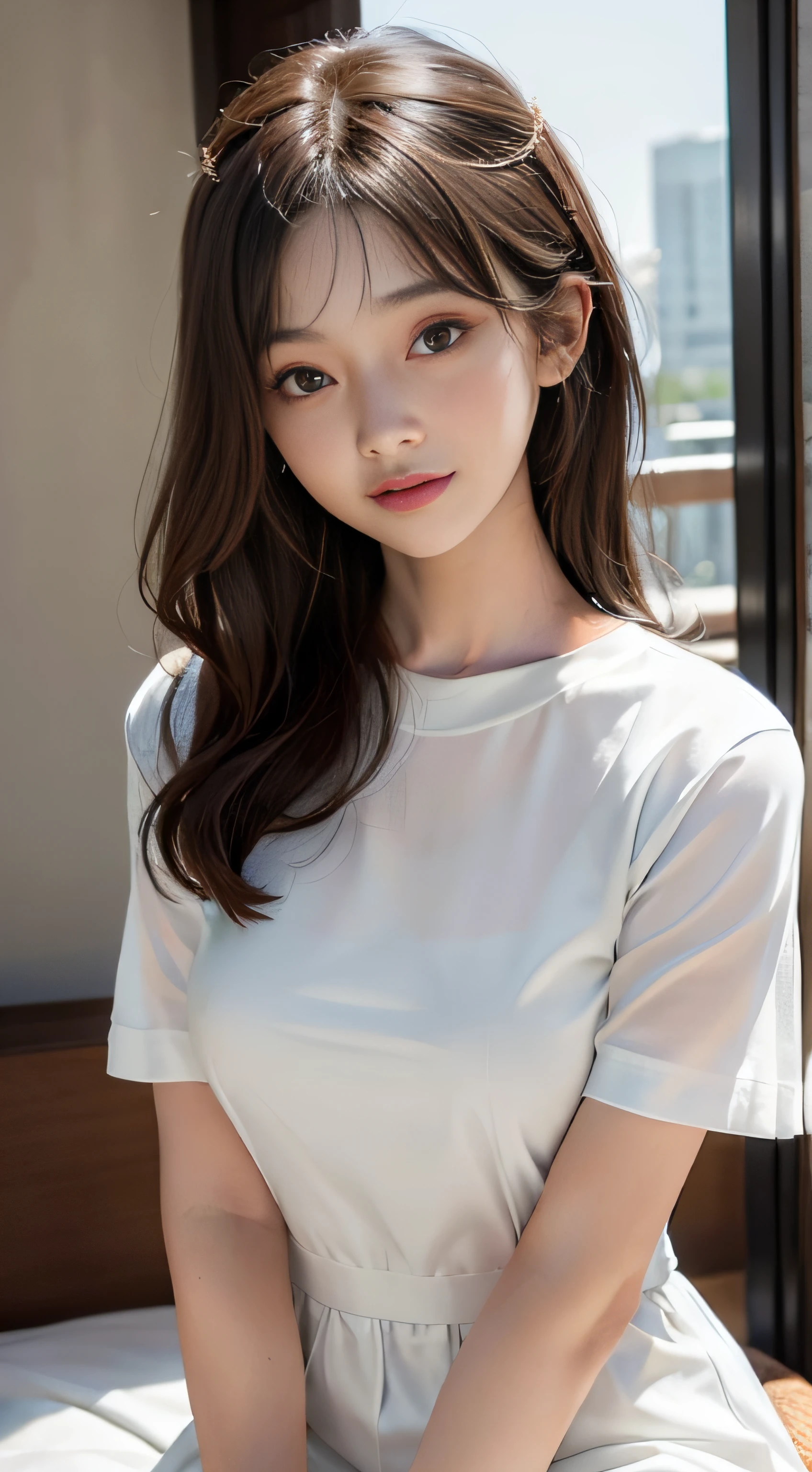 masterpiece、Top image quality:1.2、((beautiful young woman with))、Transparent skin:1.2、{A slight smil}、(kawaii)、Short sleeve knit、luxury hotel、depth of fields