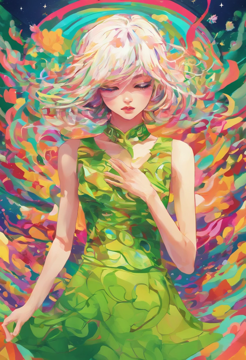 ((top-quality, 8K)), (Realistic), (Face Focus: 1.1), (White and green: 1.3), Kawaii Girl, short-hair,
Hair fluttering in the wind, Facing to the side, Look up at your face, Eyes closed, (Sleeveless: 1.1)、Skirt, D Cup Breasts,