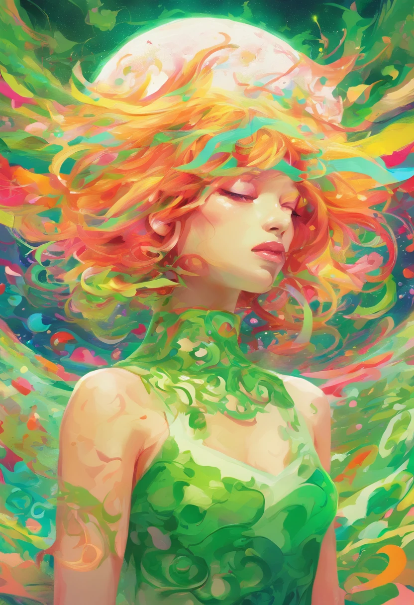 ((top-quality, 8K)), (Realistic), (Face Focus: 1.1), (White and green: 1.3), Kawaii Girl, short-hair,
Hair fluttering in the wind, Facing to the side, Look up at your face, Eyes closed, (Sleeveless: 1.1)、Skirt, D Cup Breasts,