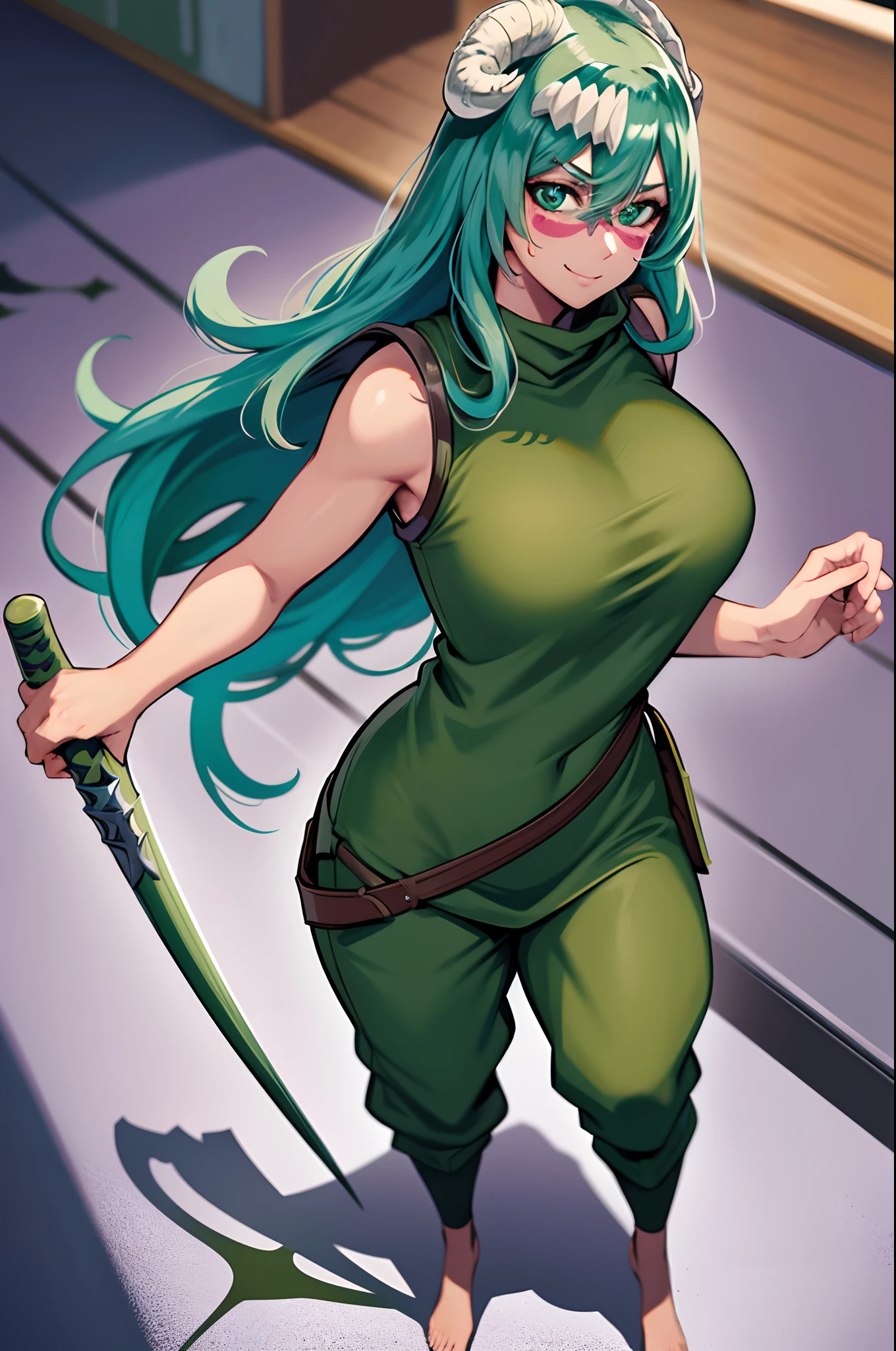 ((best quality)), ((highly detailed)), masterpiece, absurdres, detailed face, beautiful face, (detailed eyes, deep eyes), (1girl), , nel, nelliel tu odelschwanck, aqua hair, long hair, hair between eyes, hazel eyes, skull, facial mark, large breasts, (((green clothes))), (), short sleeves, barefoot, (at an altar, dusk), standing, pullover, vest, pants, military uniform, dark knight armor, boots, holding lance, full body, smile, joyfull