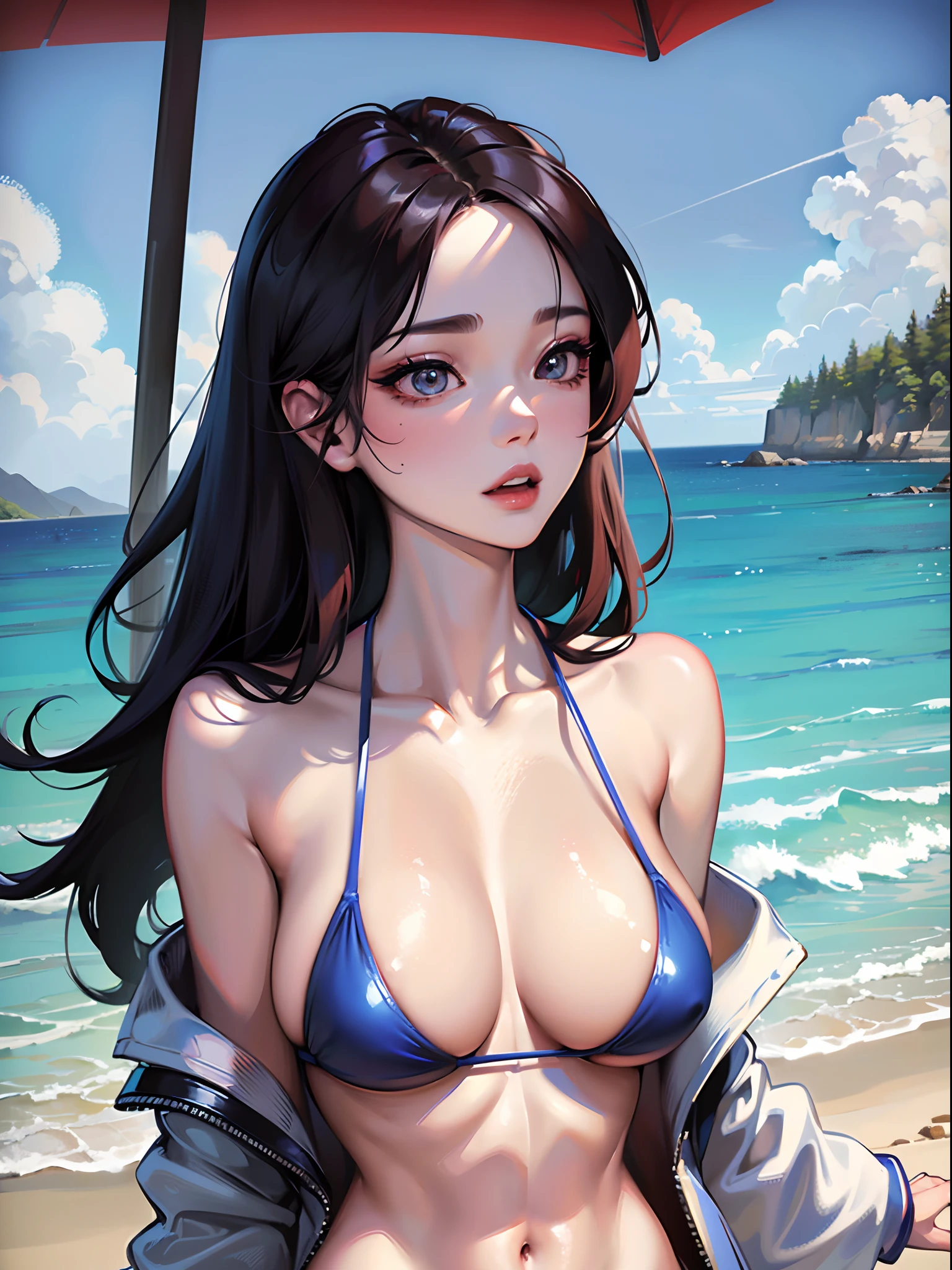 Sexy woman in a bikini walking down a path, a hyperrealistic painting by Jason Chan, tumblr, fantastic realism, perfect body, great body, beautiful body, photorealistic perfect body, beautiful body and face, perfect body and face, jaw dropping beauty, jaw-dropping beauty, sexy hot body, sexy body, attractive body, curvy body, voluptuous body