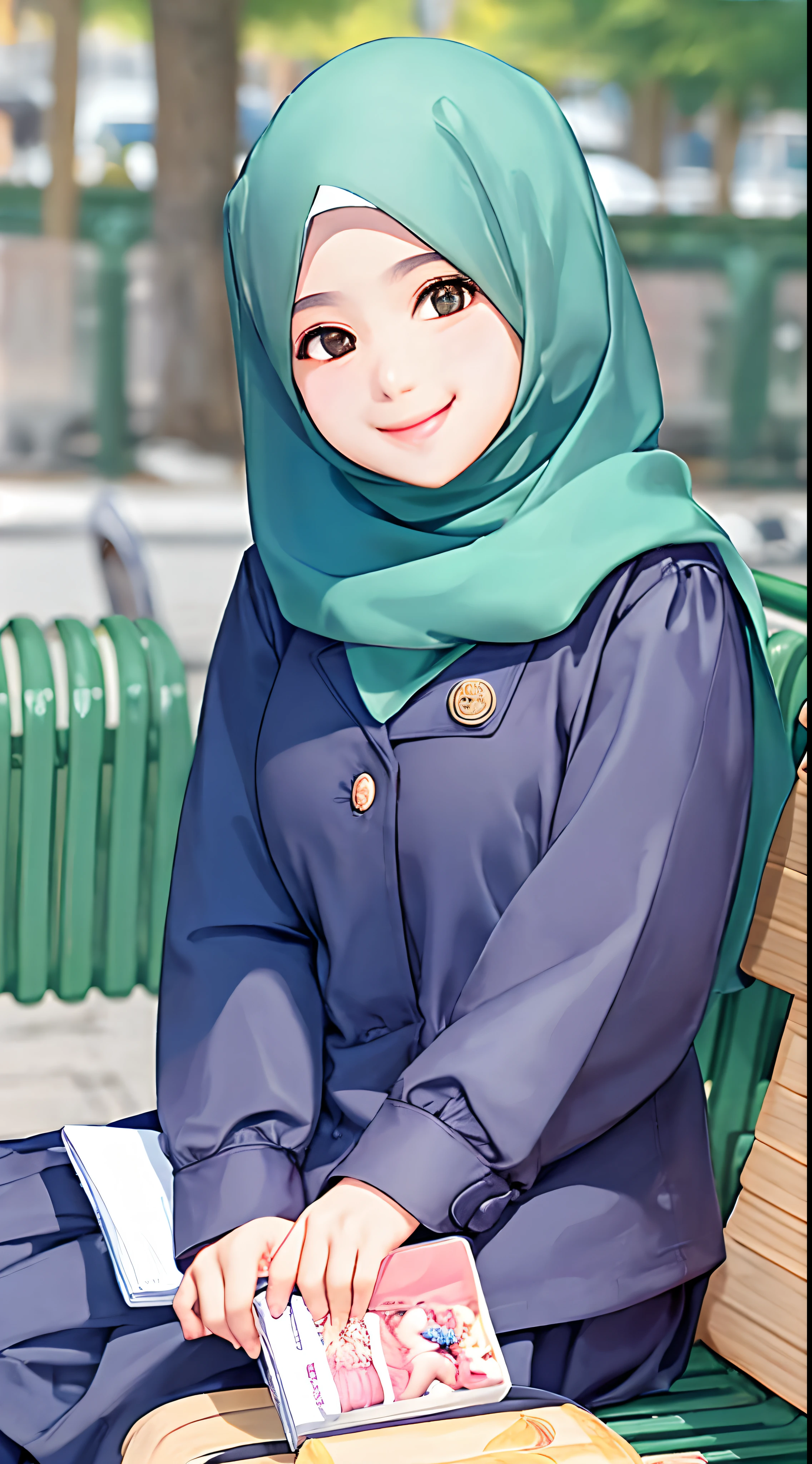 A smiling young Muslim girl in a hijab, sitting on a park bench.