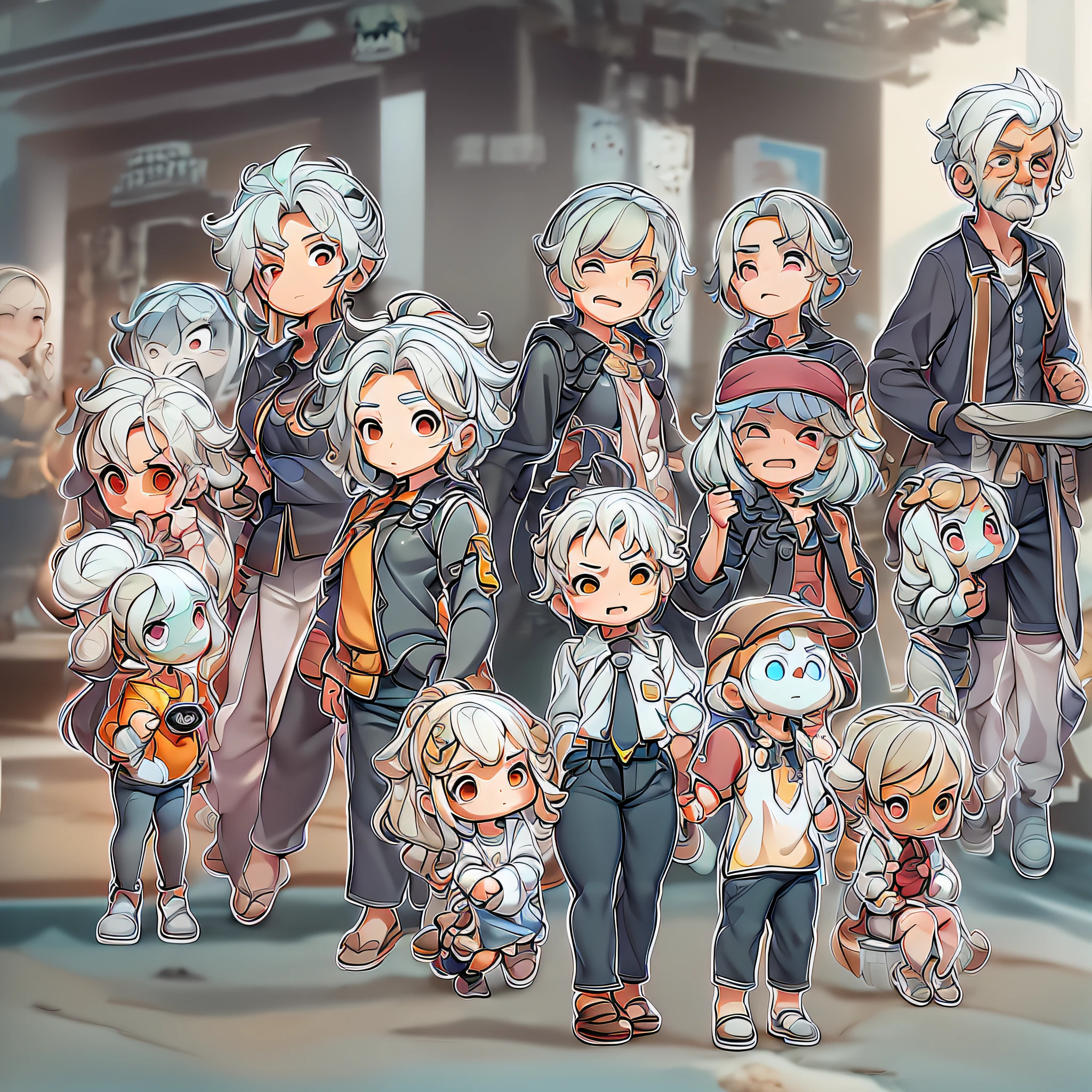 The costumes of the characters are summery, 6 anime character stickers with different expressions, downtown uncle collection style, anime uncle art style, old man front line style, old man art style, uncle style, official artwork, chibi art, pixiv, old man style, kimo cute artwork, 8K!!, various poses, Trending on Art Station pixiv