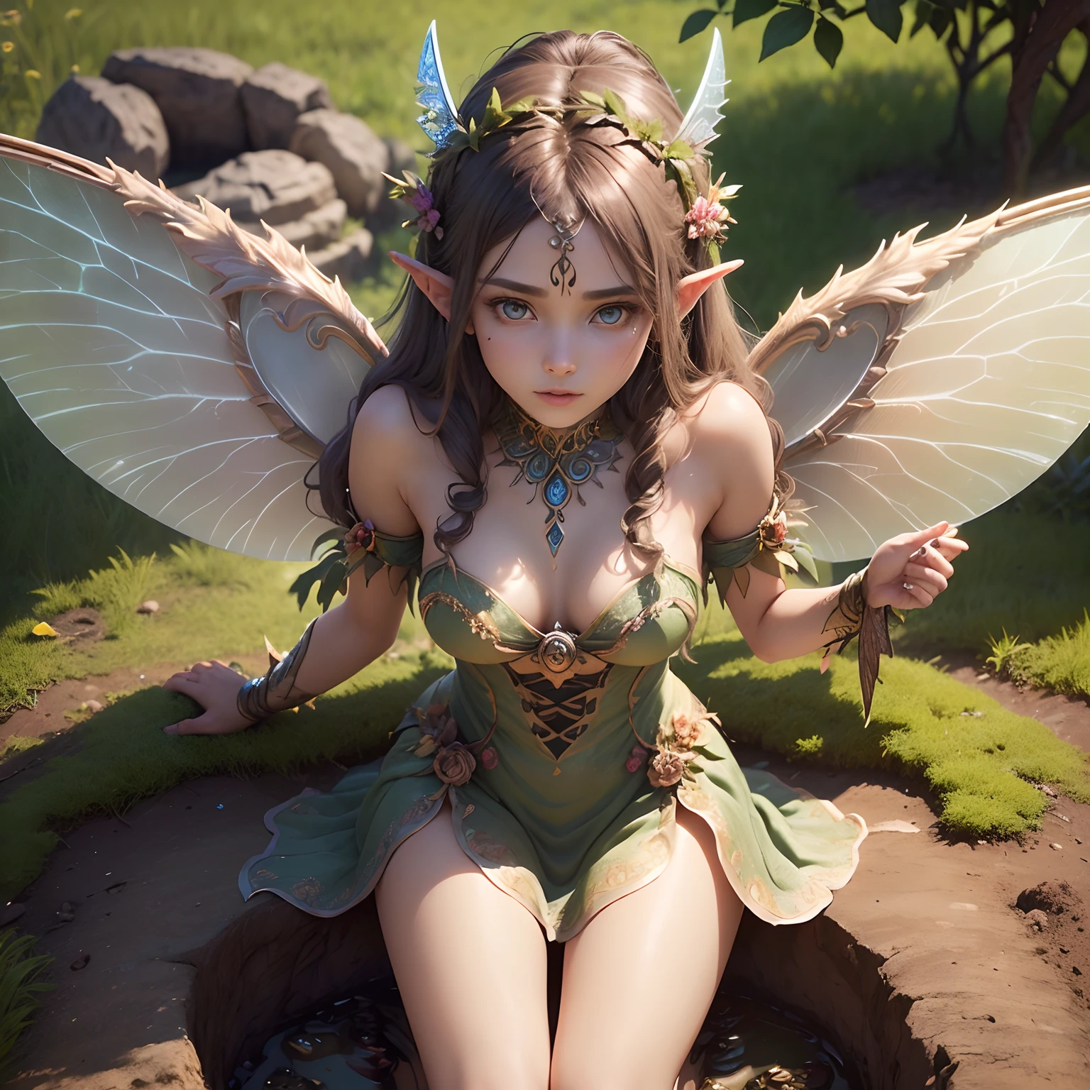 (Best Quality,Ultra-detailed,Realistic:1.37)、Soil Fairy、An 18-year-old woman、Soil personification、(Sharp eyes:1.5)、Bewitching look、Earthen hair ornament、(Fairy with wings:1.5)、(Costumes with soil motifs、Emphasis on soil characteristics)、nature scenery、Full body