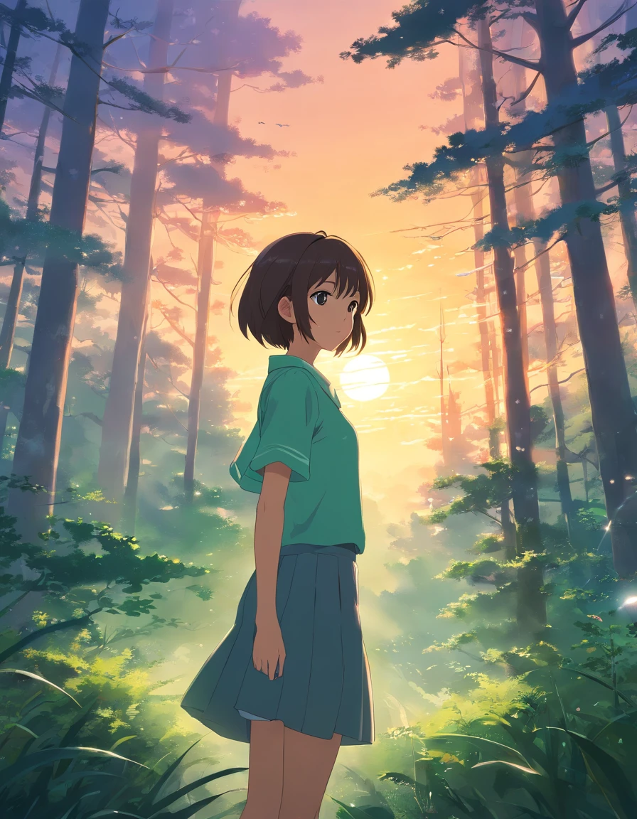 (highres, best quality:1.2), radiance, soft contours, beautiful drawing, girl in the forest, sunset, delicate colors, UFO