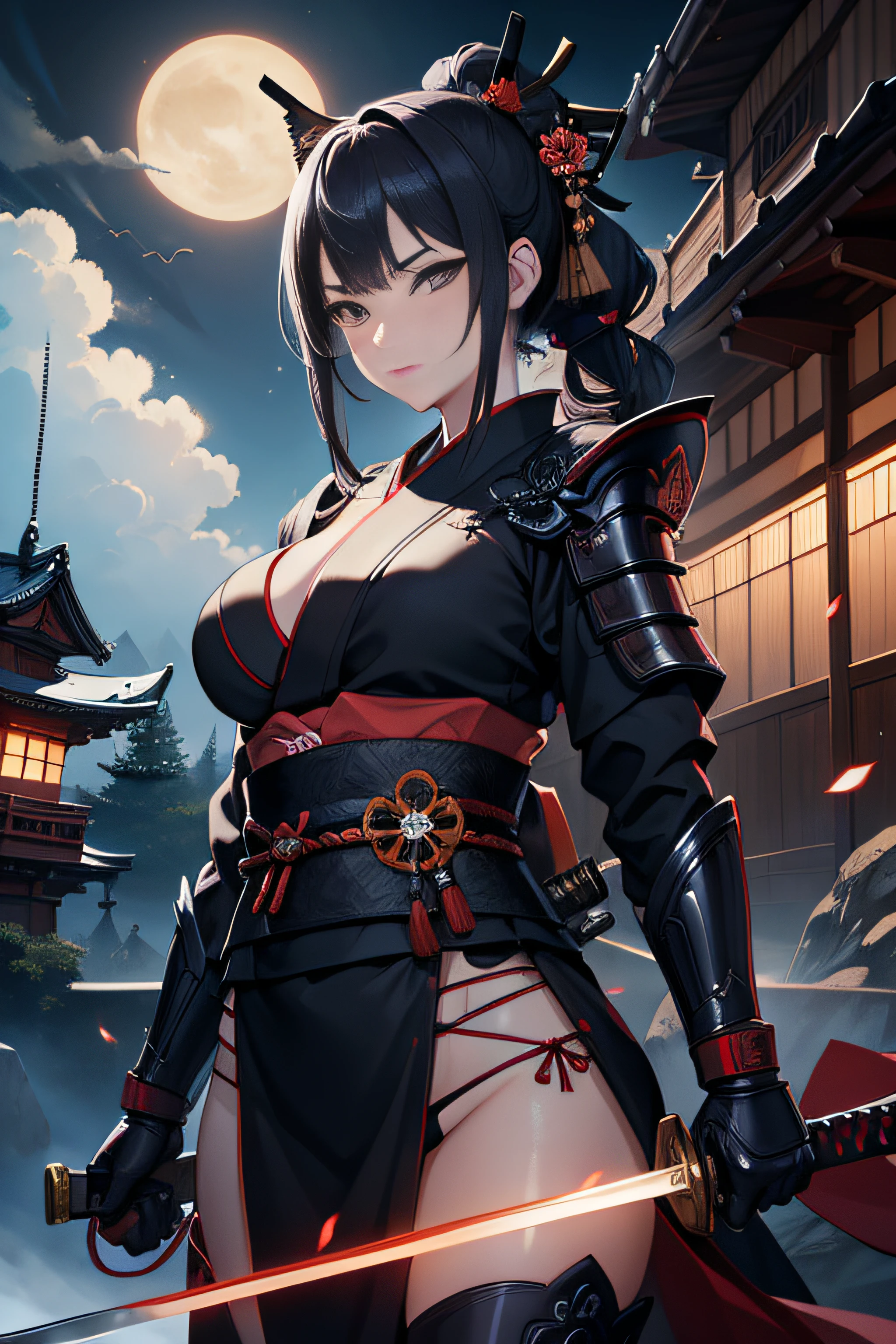 (Masterpiece, Best Quality), 8k Wallpaper, highly detailed, sexy female ronin, samurai, katana, japan, night, moonlight, vector style art, erotic, movie poster style, lettering.