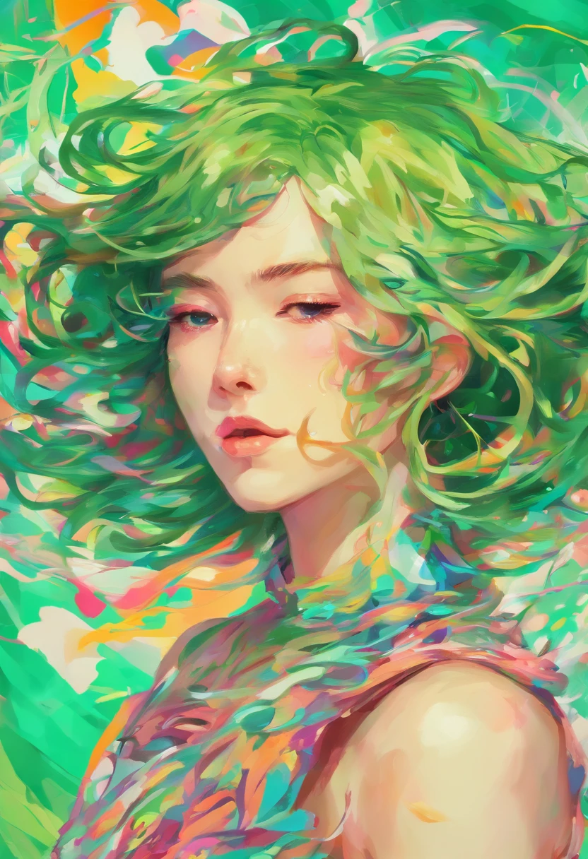 ((top-quality, 8K)), (Realistic), (Face Focus: 1.1), (White and green: 1.3), Kawaii Girl, short-hair, 
Hair fluttering in the wind, Facing to the side, Look up at your face, Eyes closed, (Sleeveless: 1.1)、Skirt, D Cup Breasts,