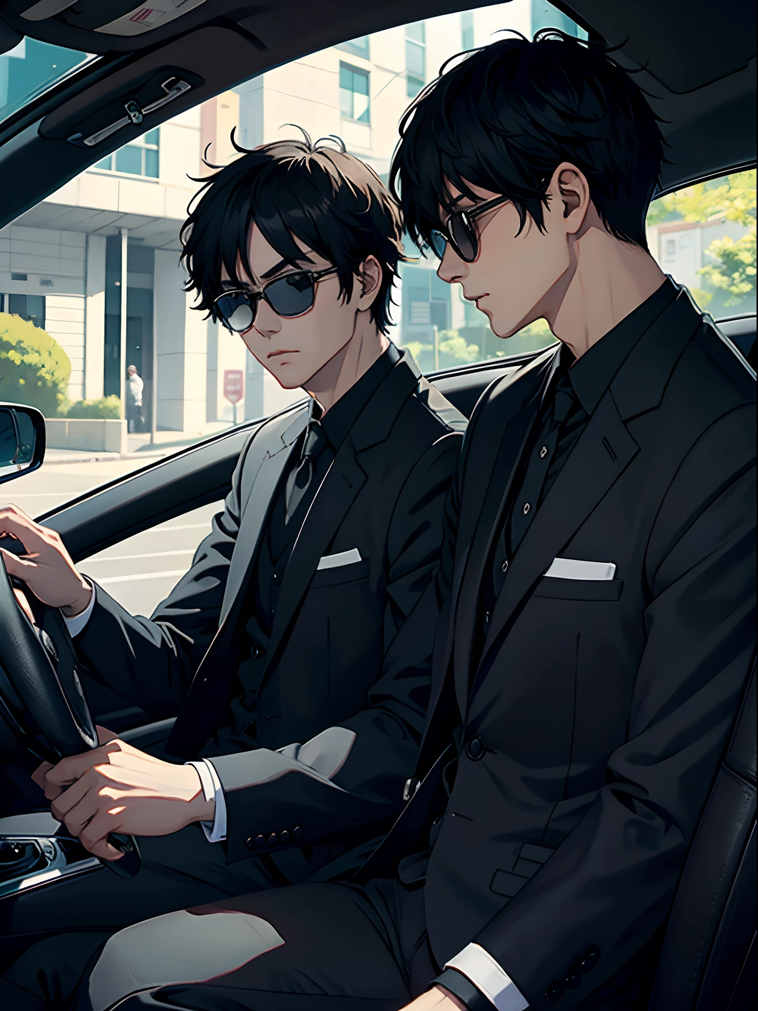Anime man in car wearing black suit and sunglasses
