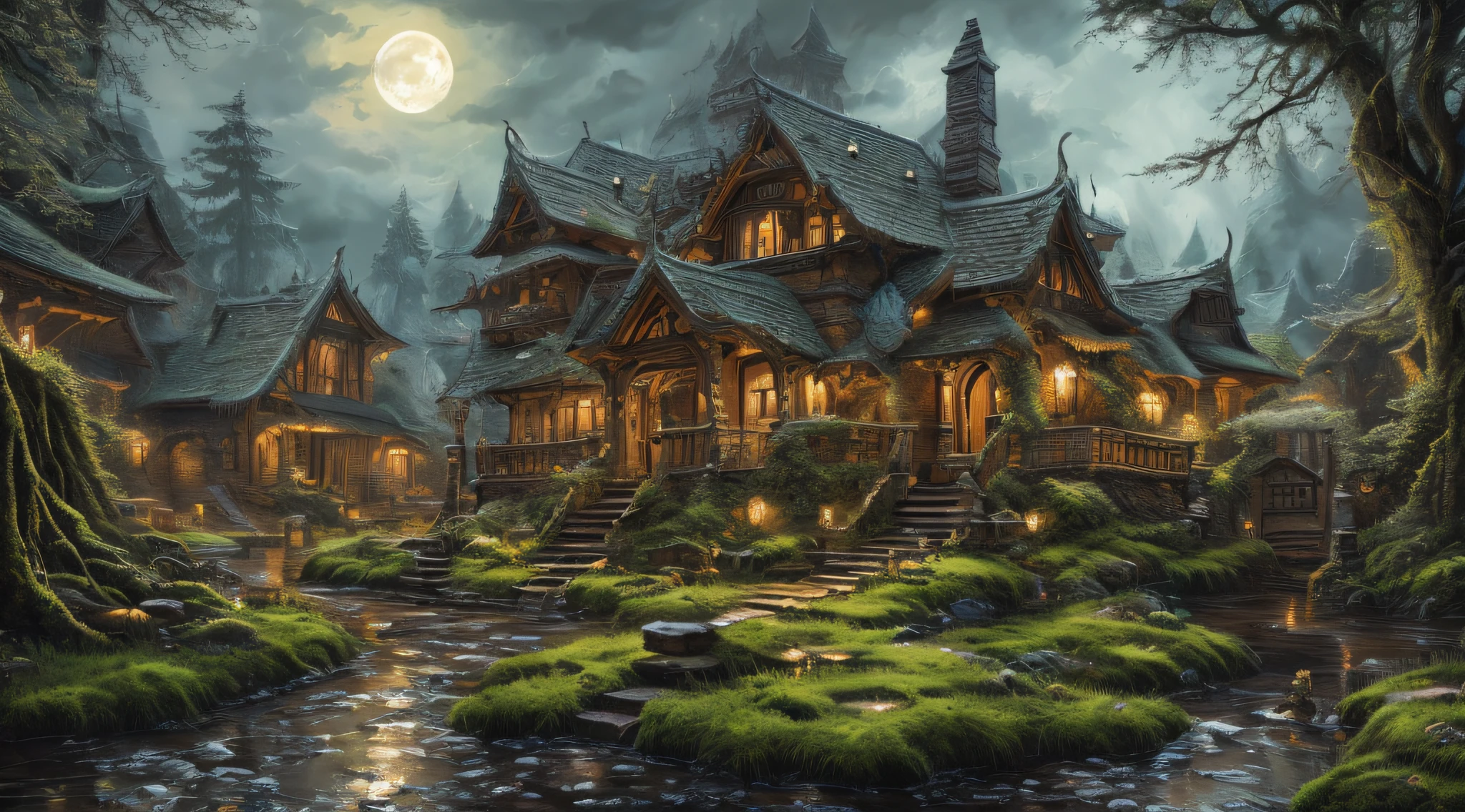 Wallpaper, cute cheerful goblin covered in mud and moss, kind happy expressive green eyes, Full Moon, ultra-high-detail, detailed digital painting, highly detailed, intricate, intricate pose, clarity, high-quality fantasy with various techniques to create highly detailed and peaceful atmospheric scenes. which combine elements of mysticism and love with an atmosphere of timelessness. Dramatic lighting and complex textures give the painting depth and mood, and the subject matter often appears strangely wondrous and unearthly with enigmatic expressions and an aura of mystery. Super Detailed, Detailed Digital Painting, Highly Detailed, Intricate, Complex Pose, Clarity, High Quality Art, 64k