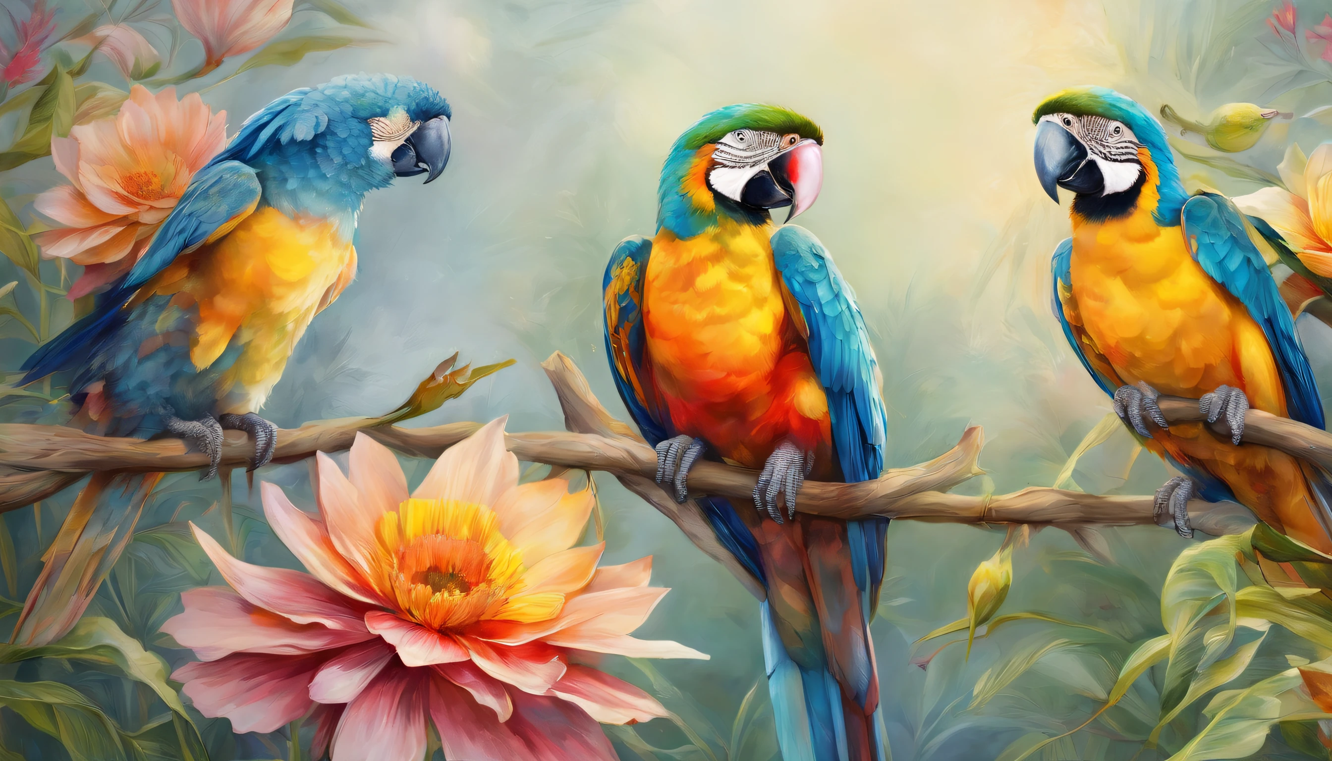 There are two birds sitting on a fence surrounded by flowers, Gotejamento HD colorido, colored birds, birds and butterflies, fauna azul e amarela, magical colorful flowers, realistic flowers oil painting, crystalline sunflowers, pintura da natureza, Butterflies and birds, Natureza Bonita, birds in the sunlight, pintura bonita de amigos, mystical birds, dia ensolarado brilhante, pintura de bonito, Directed by: Doris Blair, pintado em aquarelas brilhantes, rica aquarela, paralelo, inspirado em Charles Bird King, Directed by: lotz karoly, ethereal macaw