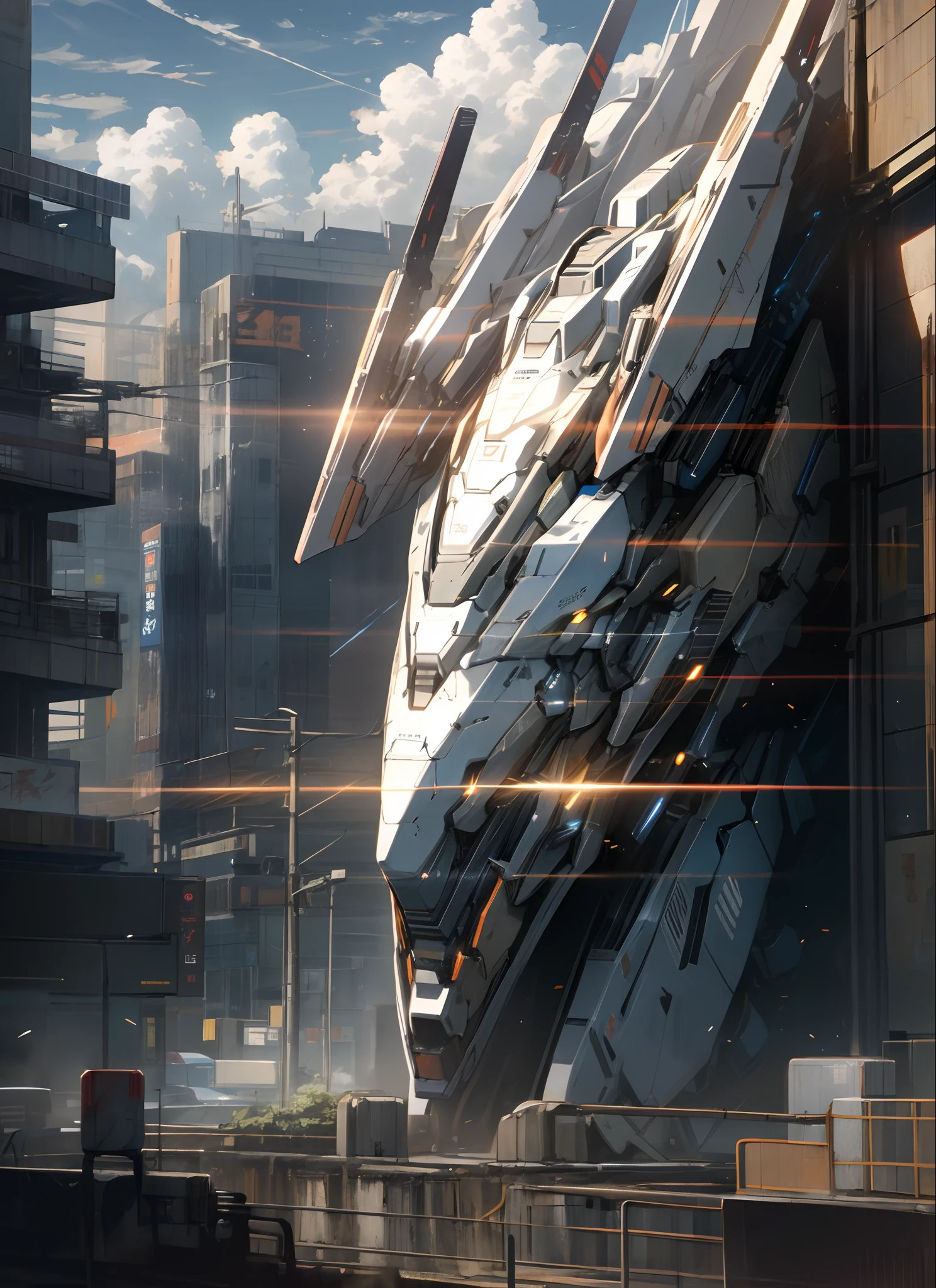 sky, cloud, holding_weapon, no_humans, glowing, , robot, building, glowing_eyes, mecha, science_fiction, city, realistic,mecha