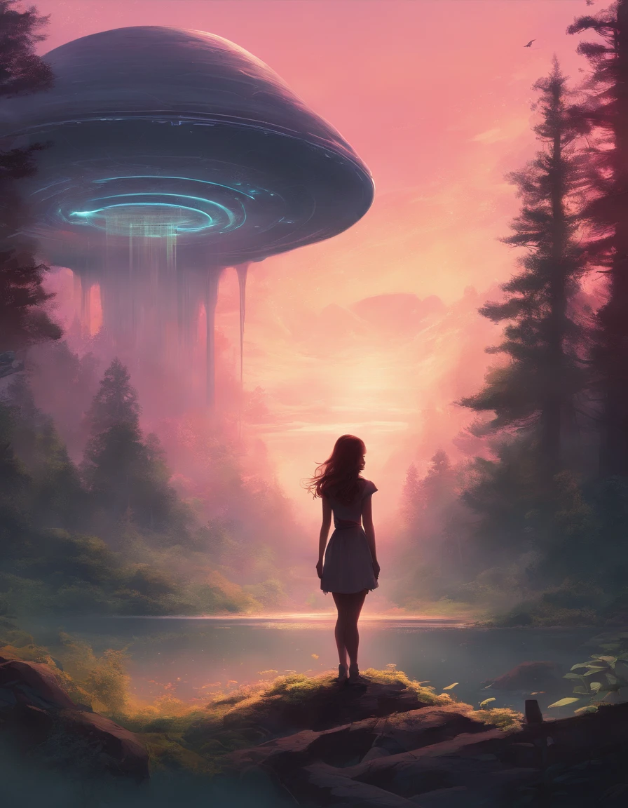 (highres, best quality:1.2), radiance, soft contours, beautiful drawing, girl in the forest, sunset, delicate colors, UFO