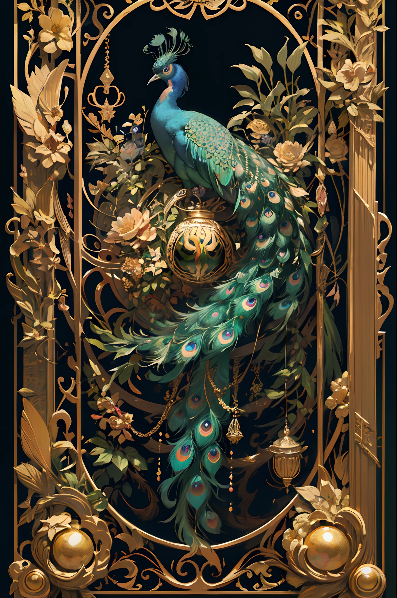 ((without people)) ((nobody)) Vintage Victorian style, Precise vintage encyclopedia (best quality:1.2), (detailed:1.2), (masterpiece:1.2), vintage illustrations of a peacock bird sitting inside a intricate golden cage, plants and flowers around, golden jewelry with gemstones and crystals