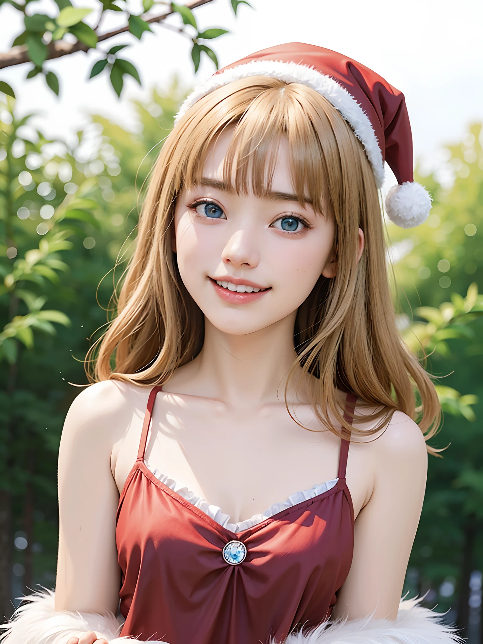 (masuter piece、Best Quality、masutepiece、Cute symmetrical face、Norse man、Beautiful blonde hair with bangs、1 girl、Very young pretty girl、Very young pretty girl、Very small cute girl、Deities々Shii Girl、Very young face、Symmetrical and very cute face)、(Beautiful shiny beautiful blonde hair with bangs、Intense crystal light blue eyes、no earrings、Beautiful white skin)、(Red and white Santa Claus costume、Red and white Santa Claus hat、Cute Santa Claus girl)、5years old、Very young pretty girl:1.5、Deities々Cute little girl、Very cute girl、happily laughing、Smile happily、The best smile、Beautiful teeth、Beautiful teeth alignment、Beautiful skins、Staring into the distance on the left、Forest with light on beautiful nature background、Deities々Deep forest background、cowboy shot