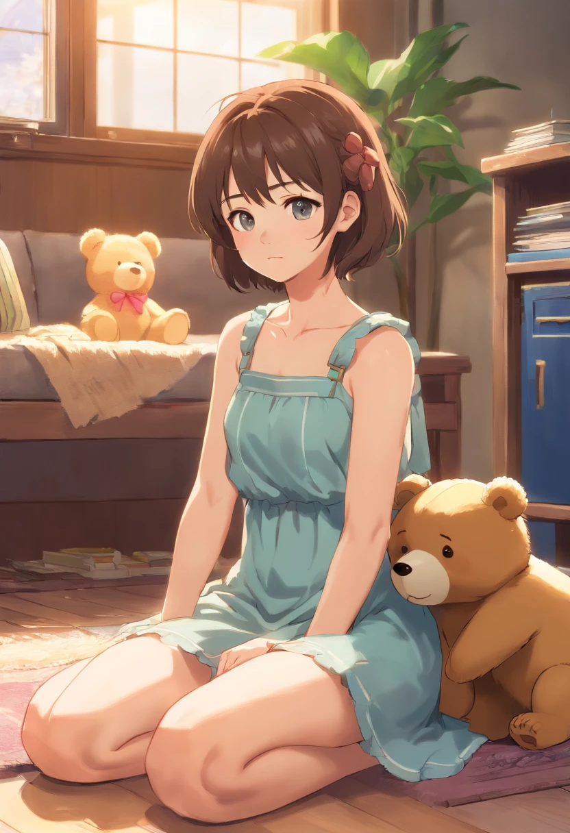 There's a brunette girl sitting on the floor with a teddy bear, 🤬 🤮 💕 🎀, doce e inocente, vestido real branco, mid portrait, imagem retrato, inspirado em Kate Greenaway, Directed by: Miroslava Sviridova, bonita, Foto puxada como Nikon D 7 5 0, Foto tirada com Nikon D750