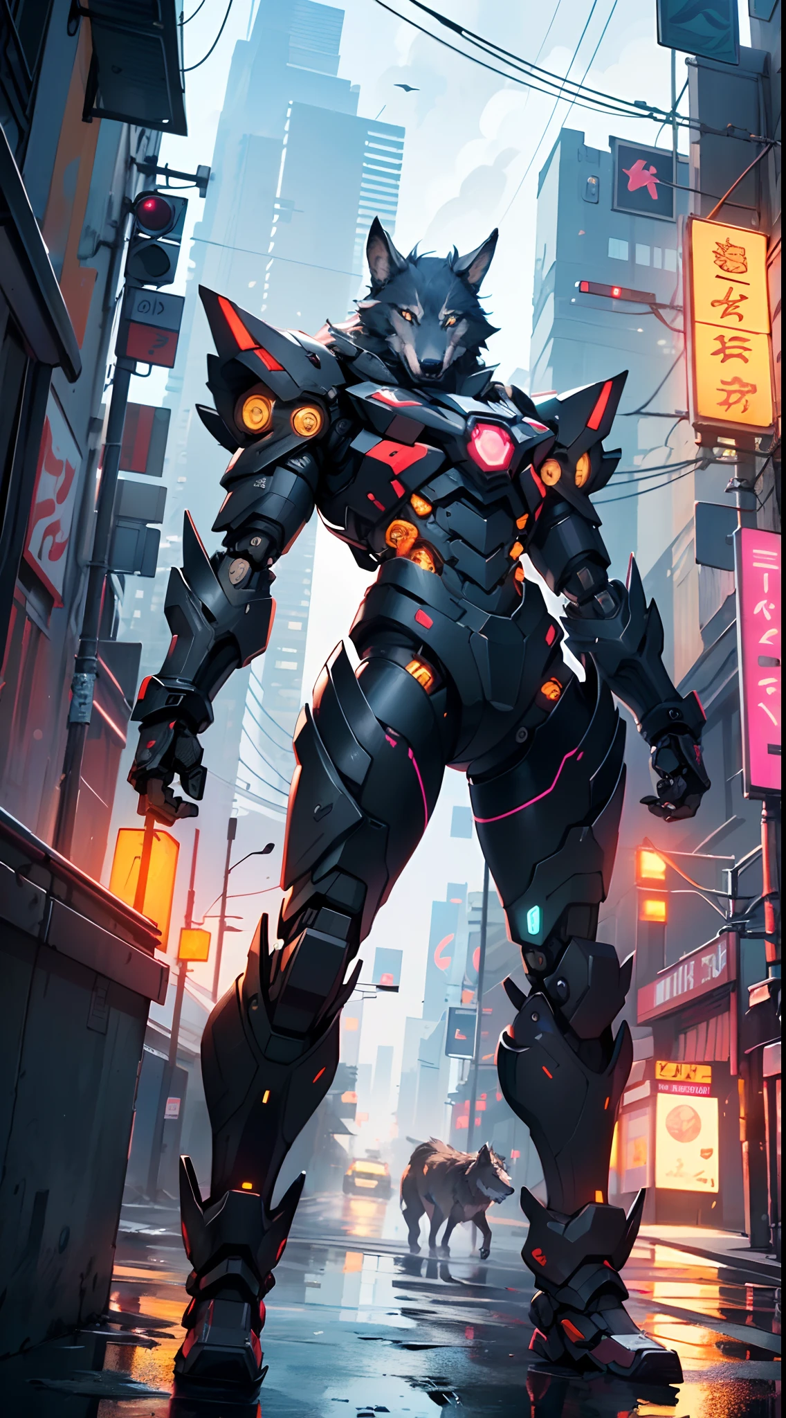 (((A mechanical wolf,cyborg wolf,cyborg-wolf,animal,wolf robot))),no human,detailed wolf,intricate mechanic wolf,robot animal,
epic, highly detailed full body of a gigantic feral mecha canine, sharp metal claws, cannon mounted on back, sleek armor, glowing visor, furry art, zoids art, furaffinity, sofurry,
(dynamic pose:1.0),solo focus,(centered,scale to fit dimensions,Rule of thirds),
cyberpunk city by the ocean at night, with bright neon signs and dark stormy clouds and puddles, scenery:1.25,
highres, sharp focus, (ultra detailed, extremely detailed), (photorealistic artwork:1.37),(extremely detailed CG unity 8k wallpaper),((synthwave background theme)),(((vibrant colors))),(intricate background),(masterpiece),(best quality),