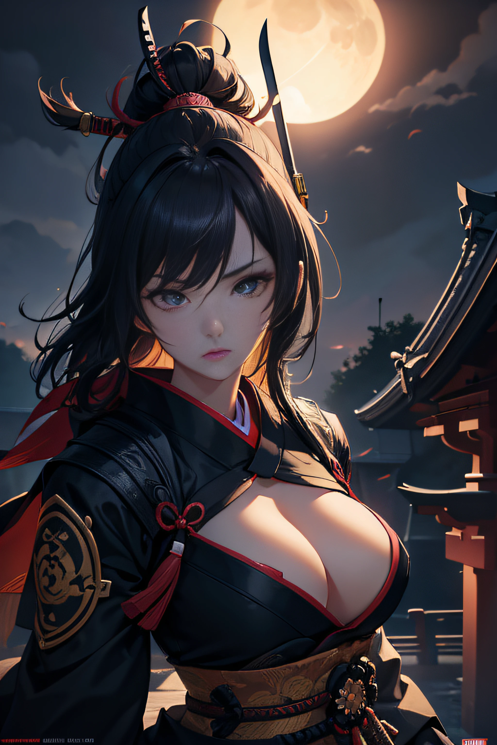 (Masterpiece, Best Quality), 8k Wallpaper, highly detailed, sexy female ronin, samurai, katana, japan, night, moonlight, vector style art, erotic, movie poster style, lettering.