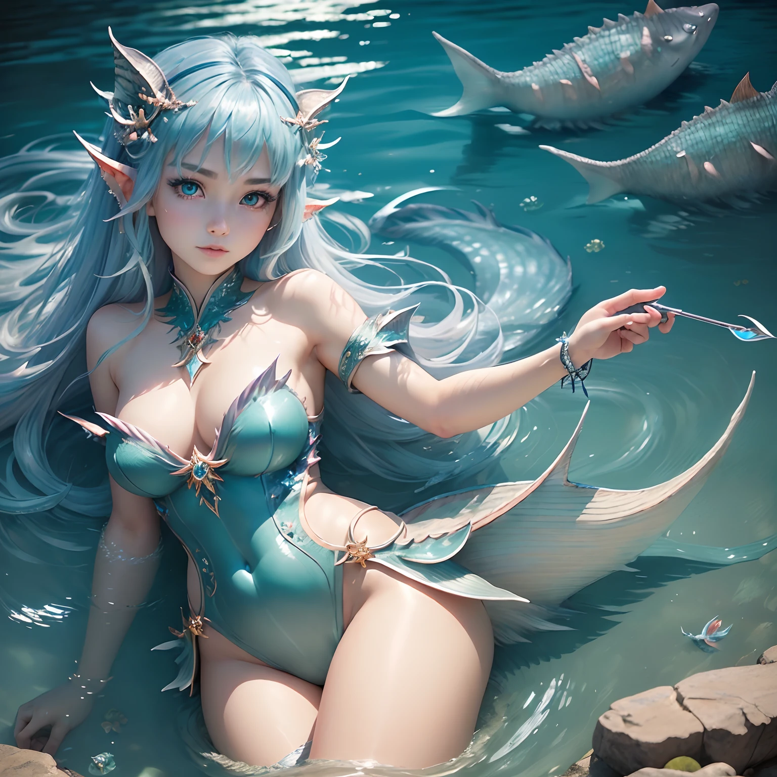 (Best Quality,Ultra-detailed,Realistic:1.37)、River Fairy、An 18-year-old woman、River personification、(Sharp eyes:1.5)、Bewitching look、River Hair Ornament、(Fairy with fins:1.5)、(Costumes with river motifs、Emphasis on the characteristics of the river)、nature scenery、Full body