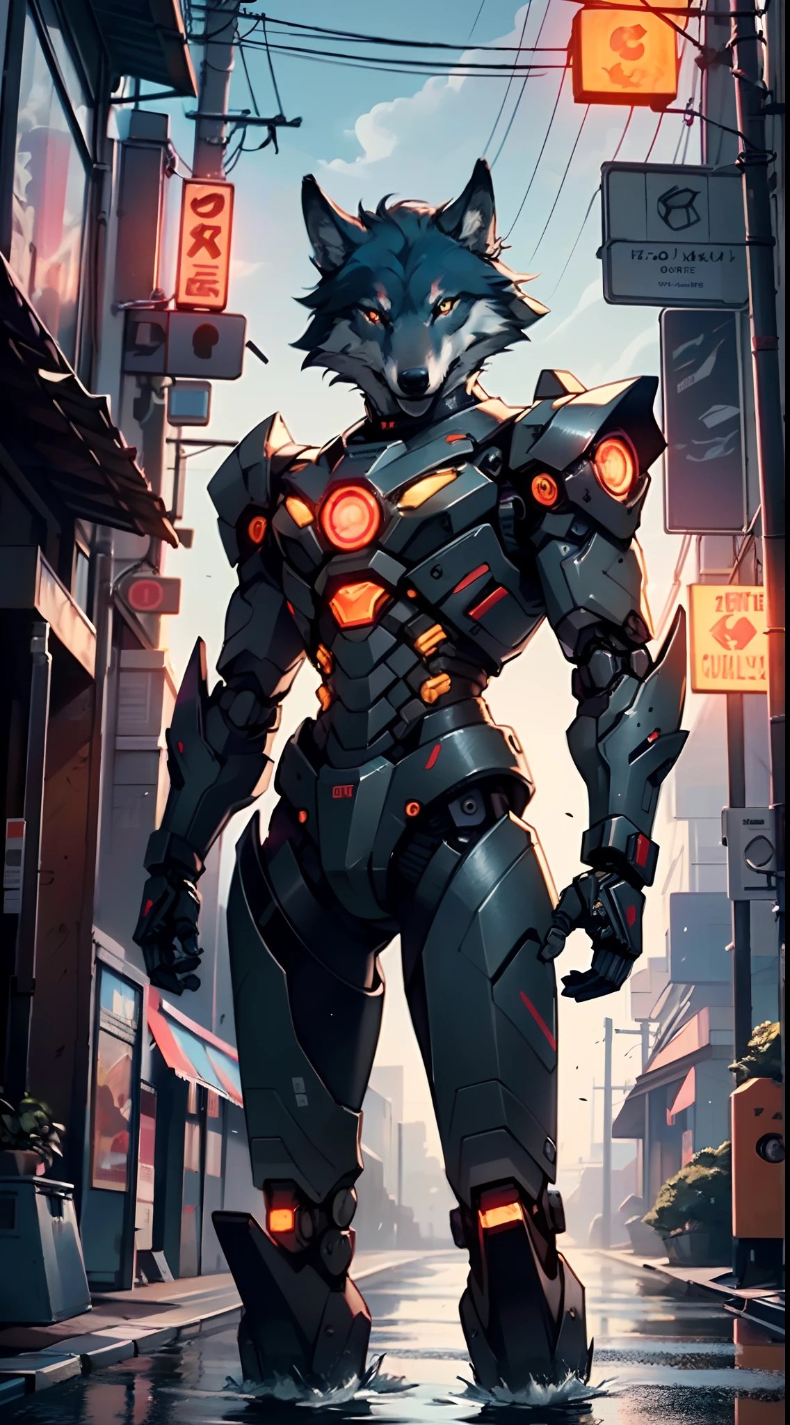 (((A mechanical wolf,cyborg wolf,cyborg-wolf,animal,wolf robot))),no human,detailed wolf,intricate mechanic wolf,robot animal,
epic, highly detailed full body of a gigantic feral mecha canine, sharp metal claws, cannon mounted on back, sleek armor, glowing visor, furry art, zoids art, furaffinity, sofurry,
(dynamic pose:1.0),solo focus,(centered,scale to fit dimensions,Rule of thirds),
cyberpunk city by the ocean at night, with bright neon signs and dark stormy clouds and puddles, scenery:1.25,
highres, sharp focus, (ultra detailed, extremely detailed), (photorealistic artwork:1.37),(extremely detailed CG unity 8k wallpaper),((synthwave background theme)),(((vibrant colors))),(intricate background),(masterpiece),(best quality),