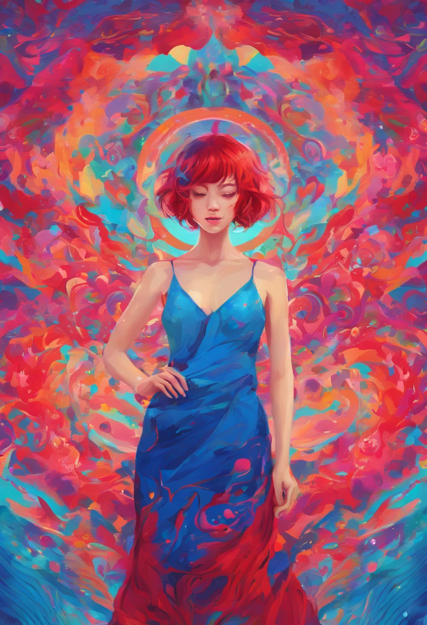 ((top-quality, 8K)), (Realistic), (Face Focus: 1.1), (blue and red: 1.3), Kawaii Girl, short-hair, 
Hair fluttering in the wind, Facing to the side, Look up at your face, Eyes closed, (Sleeveless: 1.1)、Skirt, D Cup Breasts,