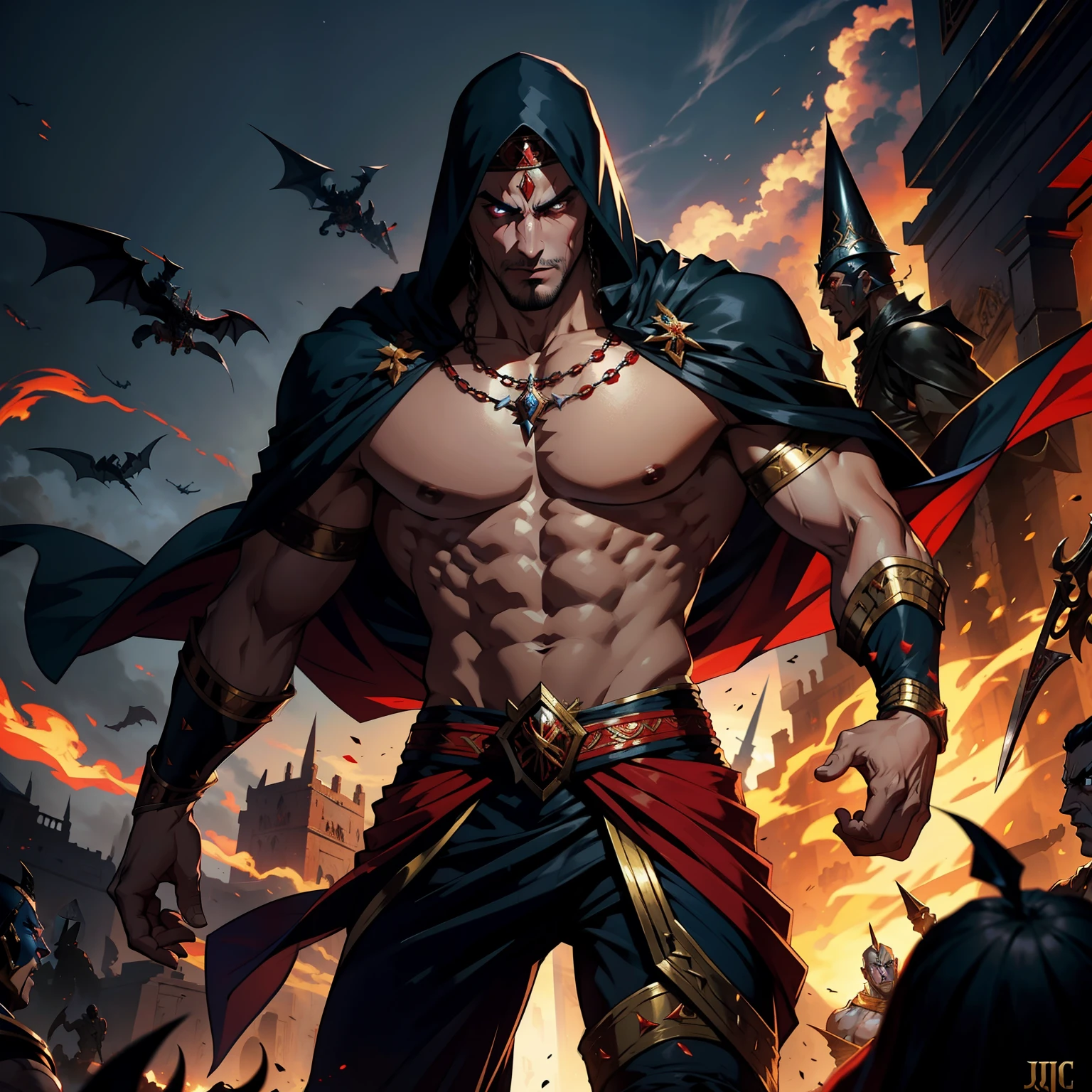Moroccan lord Dracula muscular leads troops armed with jinn troops to fight sharp details cinematic scenes movie Epic Legendary perspective correct shooting correct proportions correct poses Photorealistic super detailed anatomy lots of jinn around him