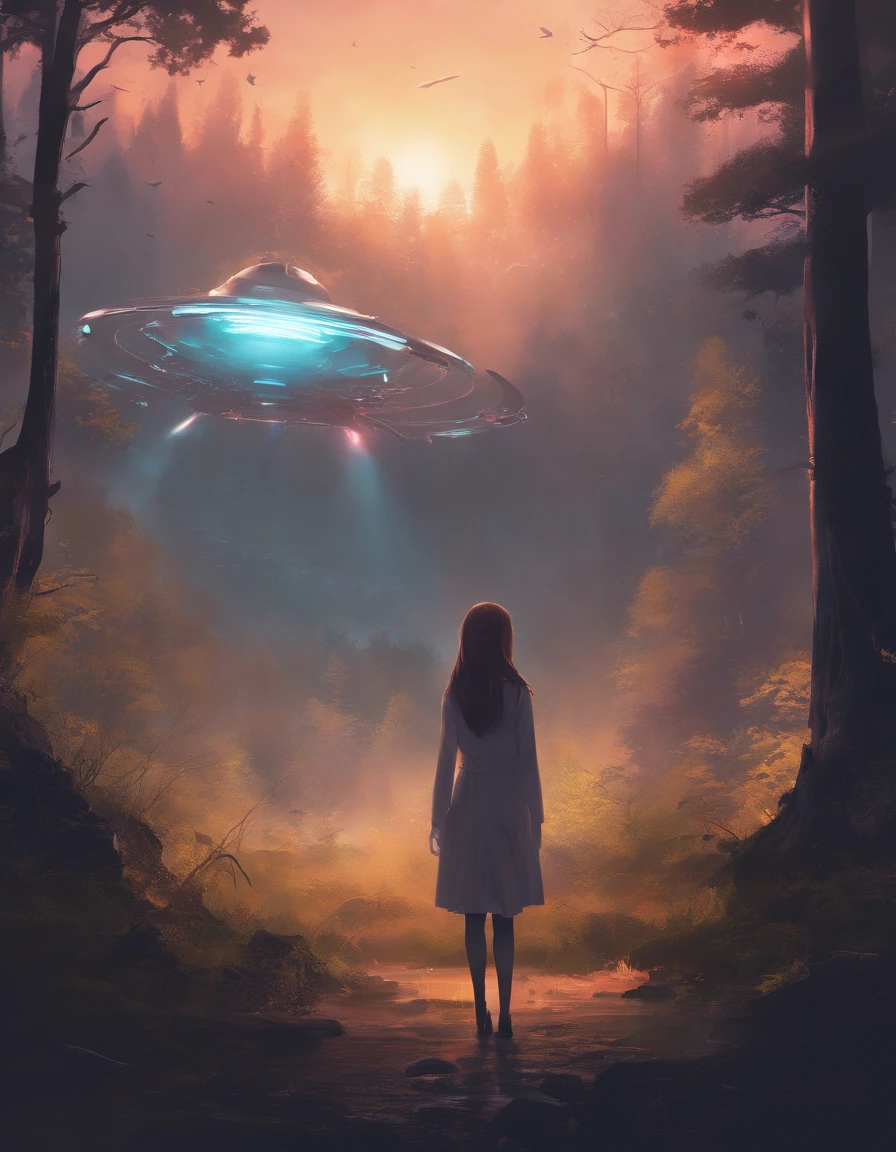 (best quality,4k,8k,highres,masterpiece:1.2),radiance,soft contours,beautiful drawing,a girl in the forest,sunset,delicate colors,UFO