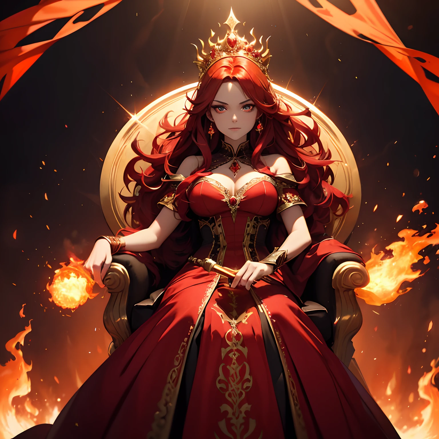 A regal fire queen with flowing crimson hair, adorned in a fiery red and gold gown, standing atop a charred throne in the heart of a blazing inferno. Her eyes emit a vibrant orange glow, and flames dance around her as she holds a scepter engulfed in roaring fire. The scene is bathed in warm, intense hues, with smoky wisps and sparks adding an ethereal touch. (Fantasy:1.2), (Gothic:1.1), (Dramatic lighting:1.2), (Fiery:1.2), (Intense colors:1.1