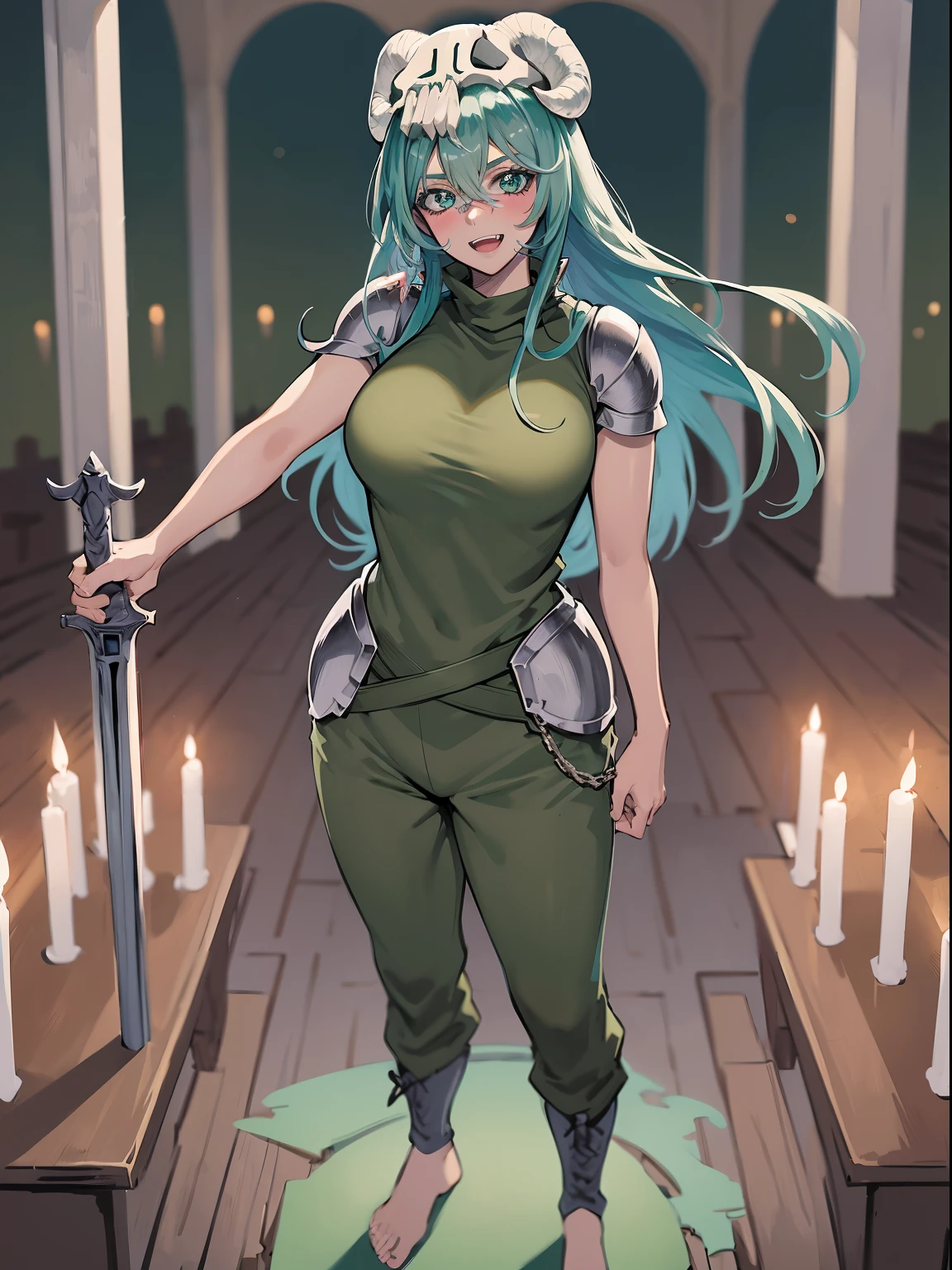 ((best quality)), ((highly detailed)), masterpiece, absurdres, detailed face, beautiful face, (detailed eyes, deep eyes), (1girl), , nel, nelliel tu odelschwanck, aqua hair, long hair, hair between eyes, hazel eyes, skull, facial mark, large breasts, (((green clothes))), (), short sleeves, barefoot, (at an altar, dusk), standing, pullover, vest, pants, military uniform, dark knight armor, boots, holding lance, full body, smile, joyfull, fang,open mouth