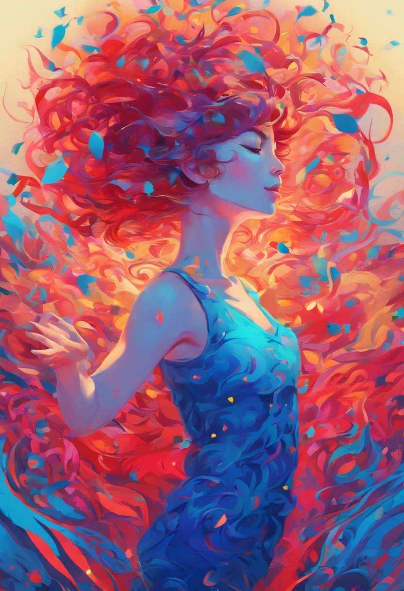((top-quality, 8K)), (Realistic), (Face Focus: 1.1), (blue and red: 1.3), Kawaii Girl, short-hair, 
Hair fluttering in the wind, Facing to the side, Look up at your face, Eyes closed, (Sleeveless: 1.1)、Skirt, D Cup Breasts,